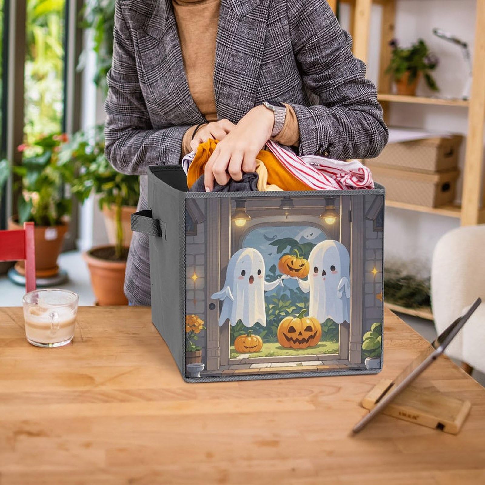 Foldable Storage Bins with Handle - Large Capacity Ghost Printed Organizer for Playroom, Office & Home