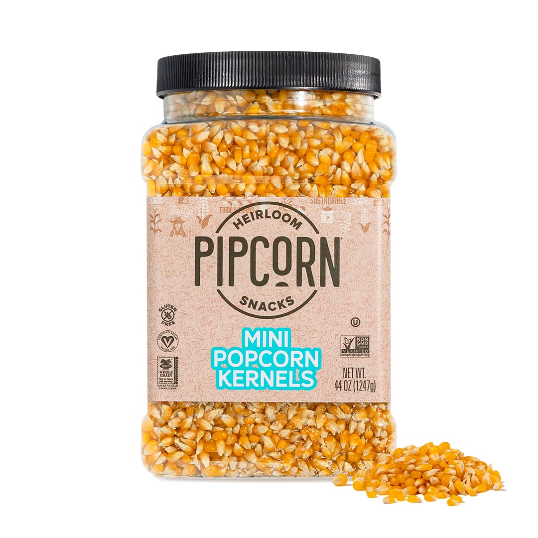 Pipcorn Heirloom Mini Popcorn Kernels - Non-GMO, Vegan, Gluten-Free Healthy Snacks, 44 oz Jar - Perfect for Movie Nights, Parties & Healthy Munching