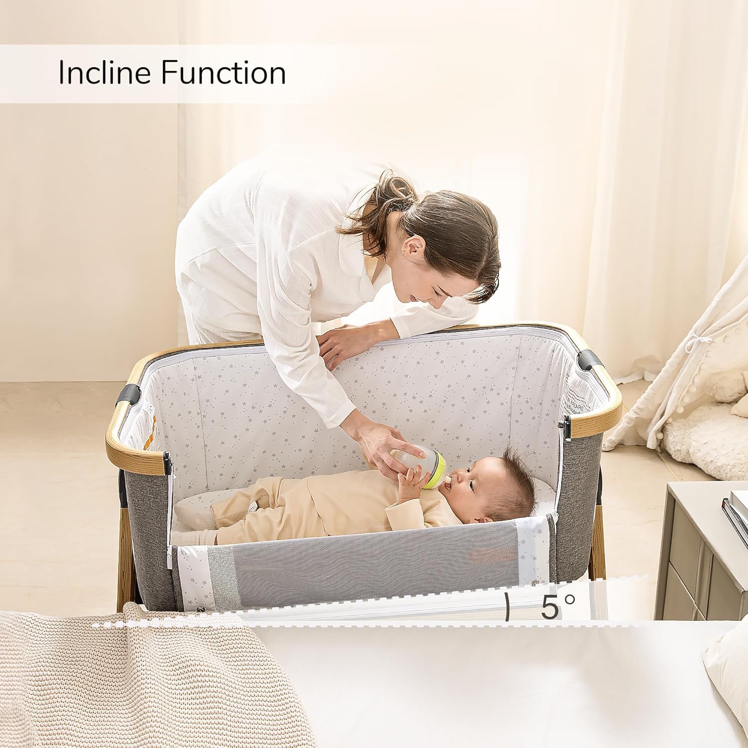 **Maydolly 3-in-1 Baby Bassinet & Bedside Sleeper – Portable Crib with Storage Basket, Wheels & Easy Fold – Newborn to Infant Grey – Perfect for Nursery, Travel & Co-Sleeping**