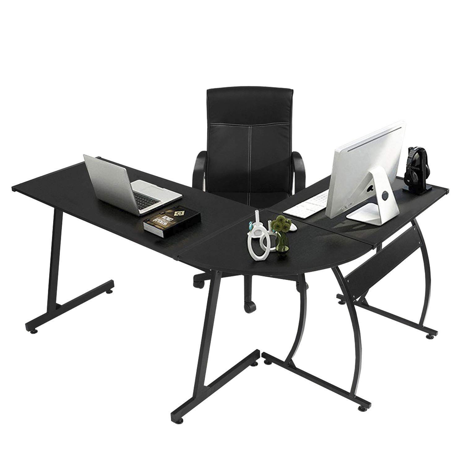 L-Shaped Desk Corner Computer Workstation - Ergonomic Home Office Desk for Laptop, Study & Writing - Space-Saving Black Design for Small Rooms & Apartments