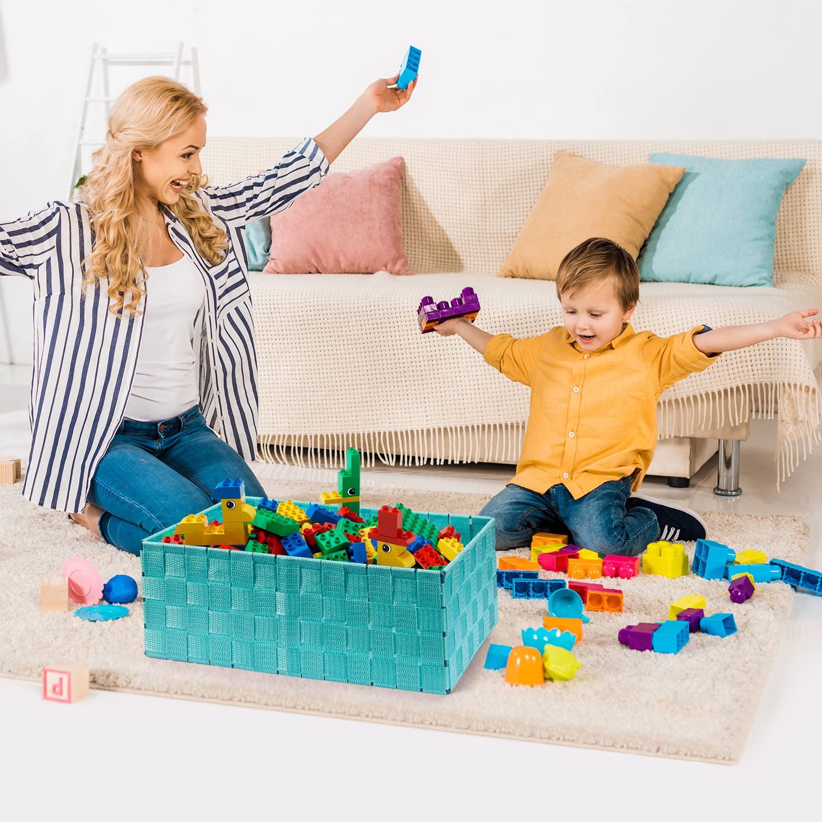 Woven Storage Baskets Set of 6 - Foldable Cube Bins for Closet, Shelves & Home Organization - Aqua Storage Containers | Perfect for Bedroom, Nursery & Laundry Room Organization