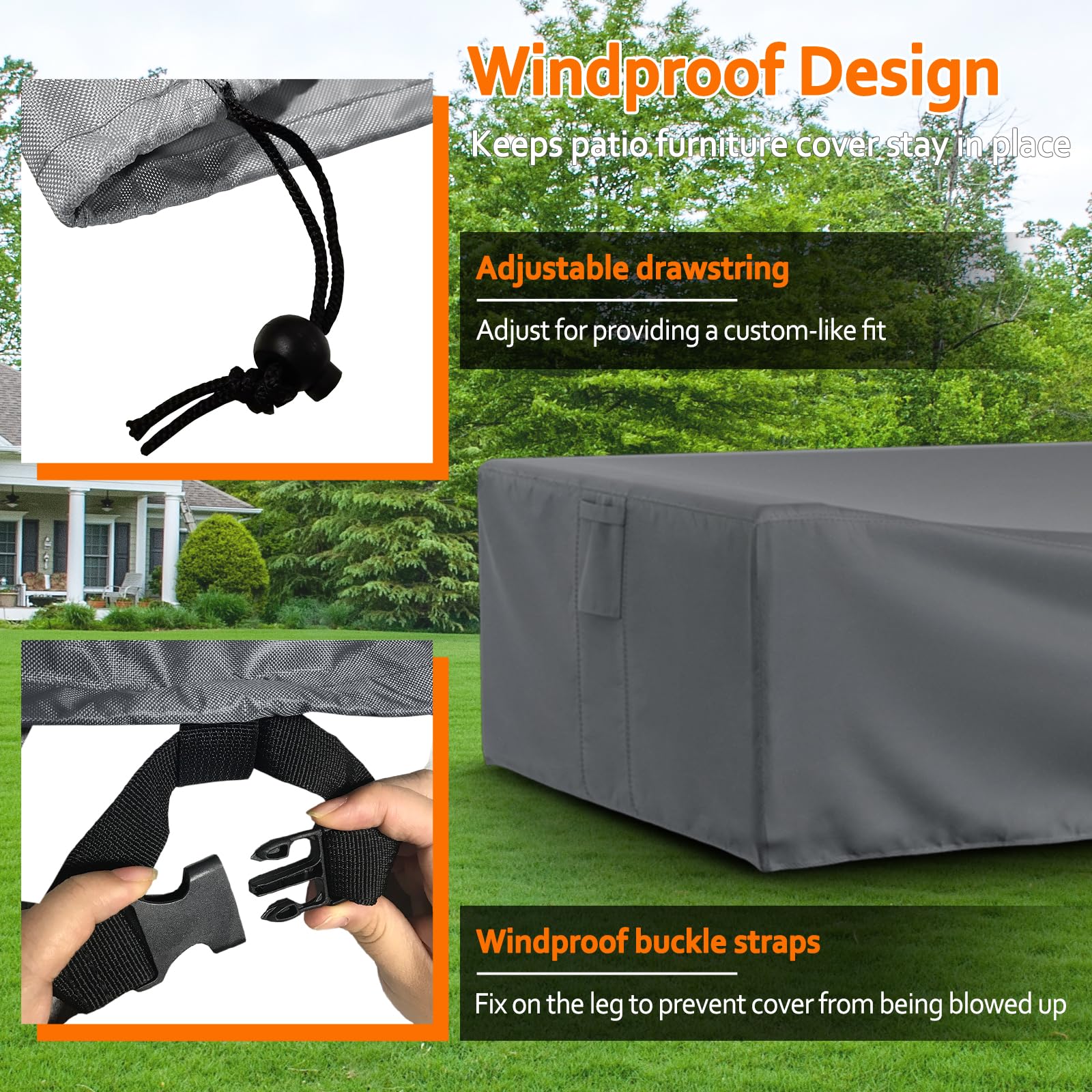 Waterproof 500D Heavy Duty Patio Furniture Covers for Outdoor Sectional Sofa - 98x78x32 Inches Windproof Buckle Design - Gray Weatherproof Covers for Patio Table & Chair Sets - Perfect for Backyard, Deck, Garden & Poolside Furniture Protection