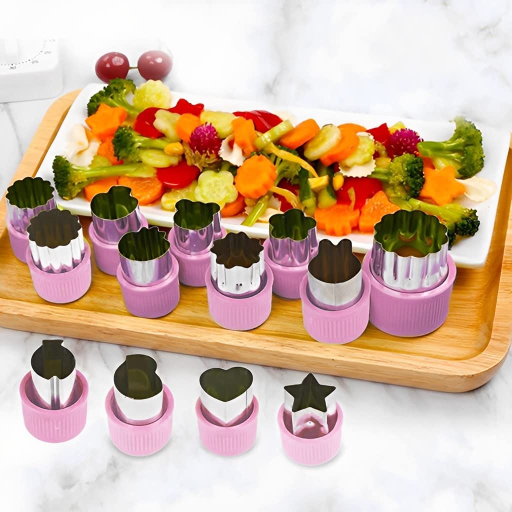 HASTHIP® 12Pcs Stainless Steel Cookie Cutters Set - Fun Shapes for Kids Baking, Fruit & Sandwich Cutters, Embossing Molds for Pastry & Bread - Perfect for Birthday Parties, Holiday Baking & Family Kitchen Activities (Pink)