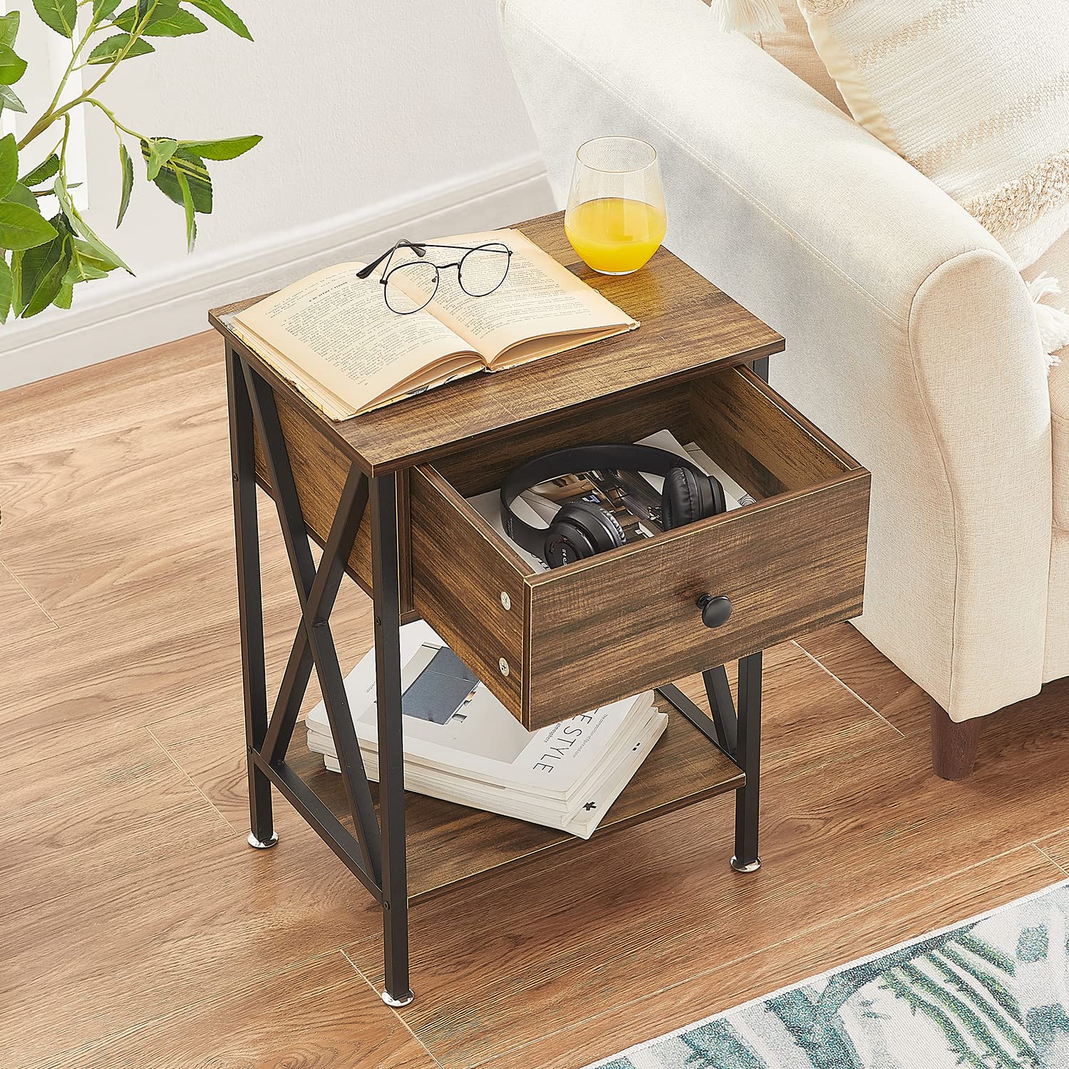 VECELO Modern Nightstand Set of 2 with Drawer & Storage Shelf - Brown End Tables for Bedroom, Living Room, Office & Lounge - Perfect for Small Spaces & Apartment Decor