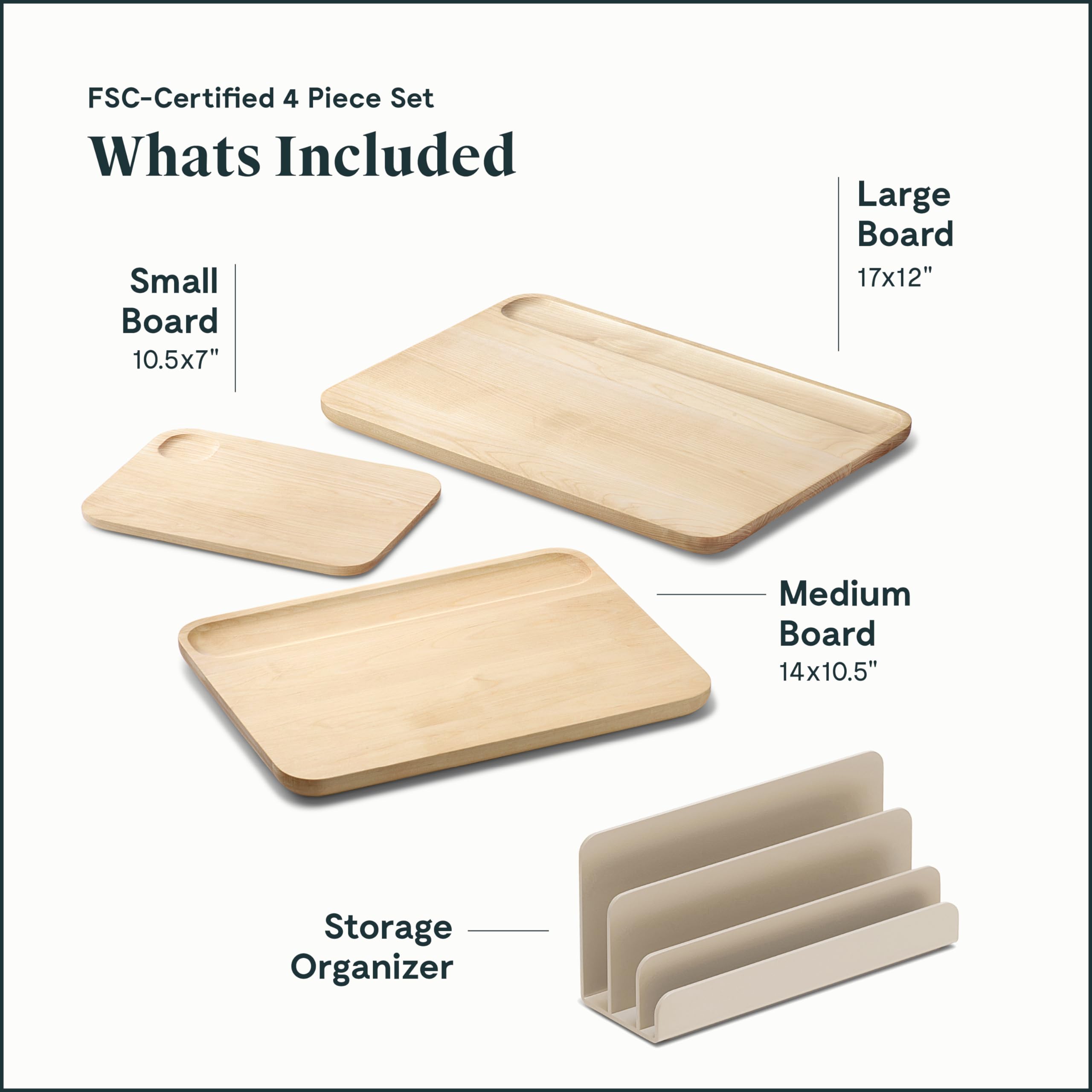 Caraway 4-Piece Reversible Wooden Cutting Board Set - FSC-Certified Birch - Natural Mineral Oil & Beeswax Finish - Small, Medium & Large Sizes with Storage Organizers - Perfect for Meal Prep, Charcuterie Boards & Kitchen Organization