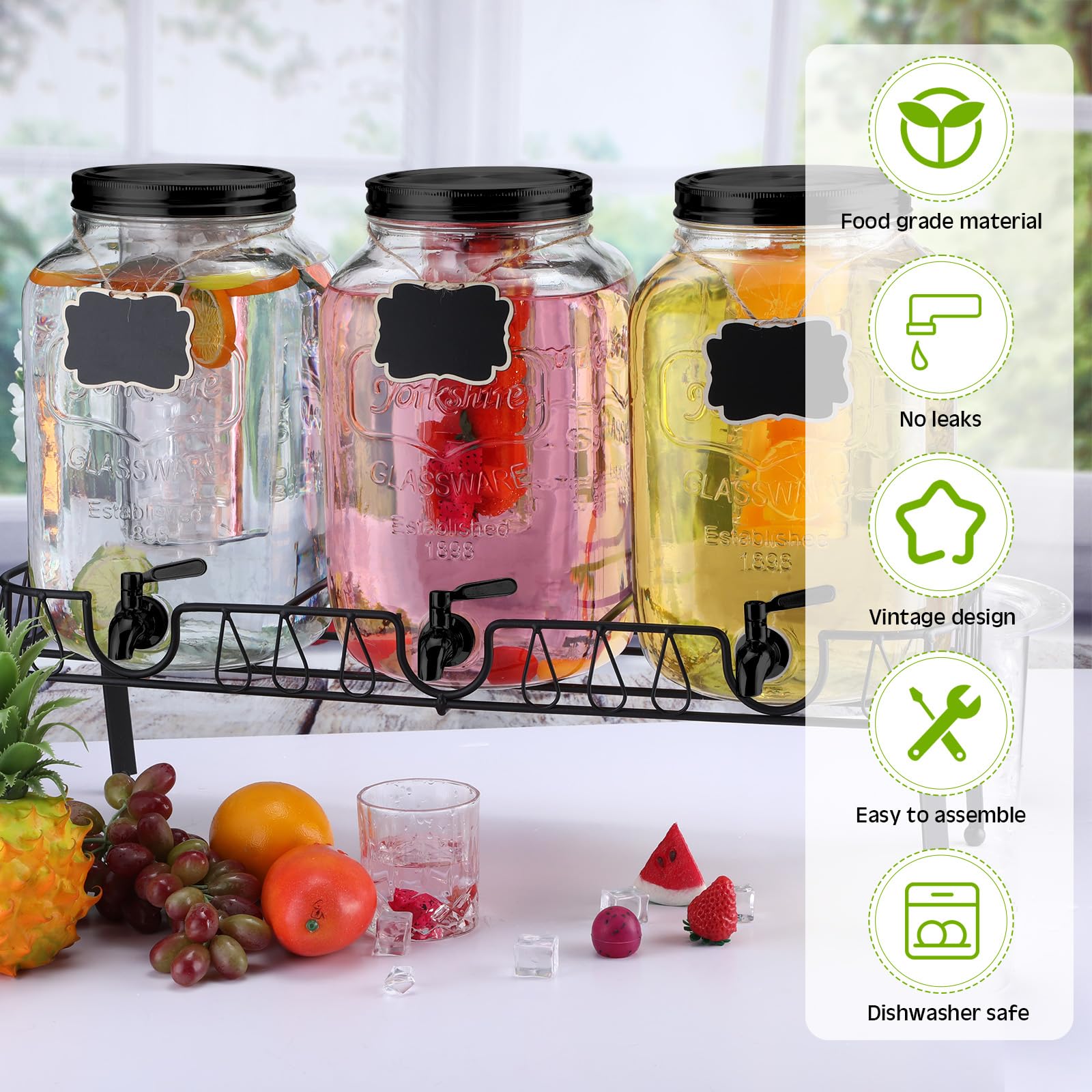 Lallisa 3-Piece 2-Gallon Glass Beverage Dispenser with Stand, Lid & Stainless Steel Spigot - Mason Jar Drink Dispenser with Hanging Chalkboard Signs, Fruit Infuser & Ice Cylinder - Perfect for Parties, Weddings, BBQs & Home Bars (Black)