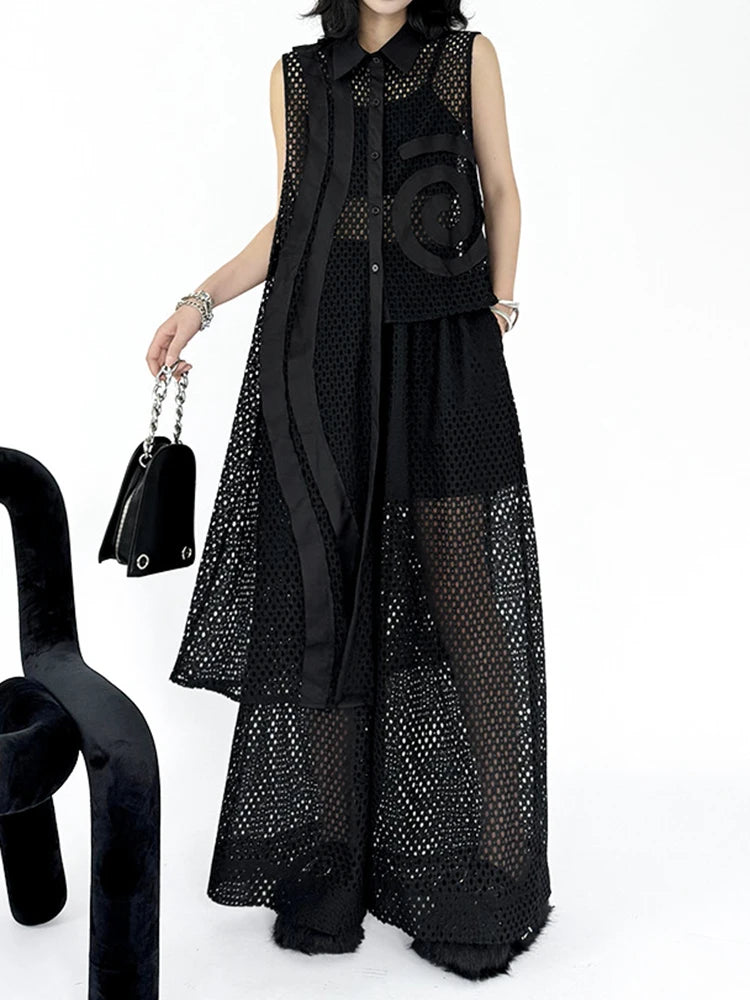 Trendy Black Grid Vest & Wide Leg Pants Two-Piece Set for Women - Lapel Sleeveless Jumpsuit Outfit | Plus Size Fashion | Spring & Fall 2025 Collection | Perfect for Office Wear, Date Nights & Casual Outings