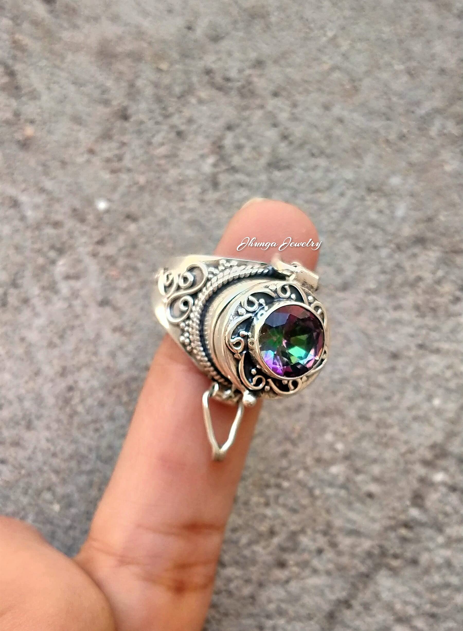 Handmade 925 Sterling Silver Mystic Topaz Poison Ring - Secret Box Ring with Openable Compartment, Rainbow Moonstone Jewelry for Gothic Fashion & Medieval Cosplay