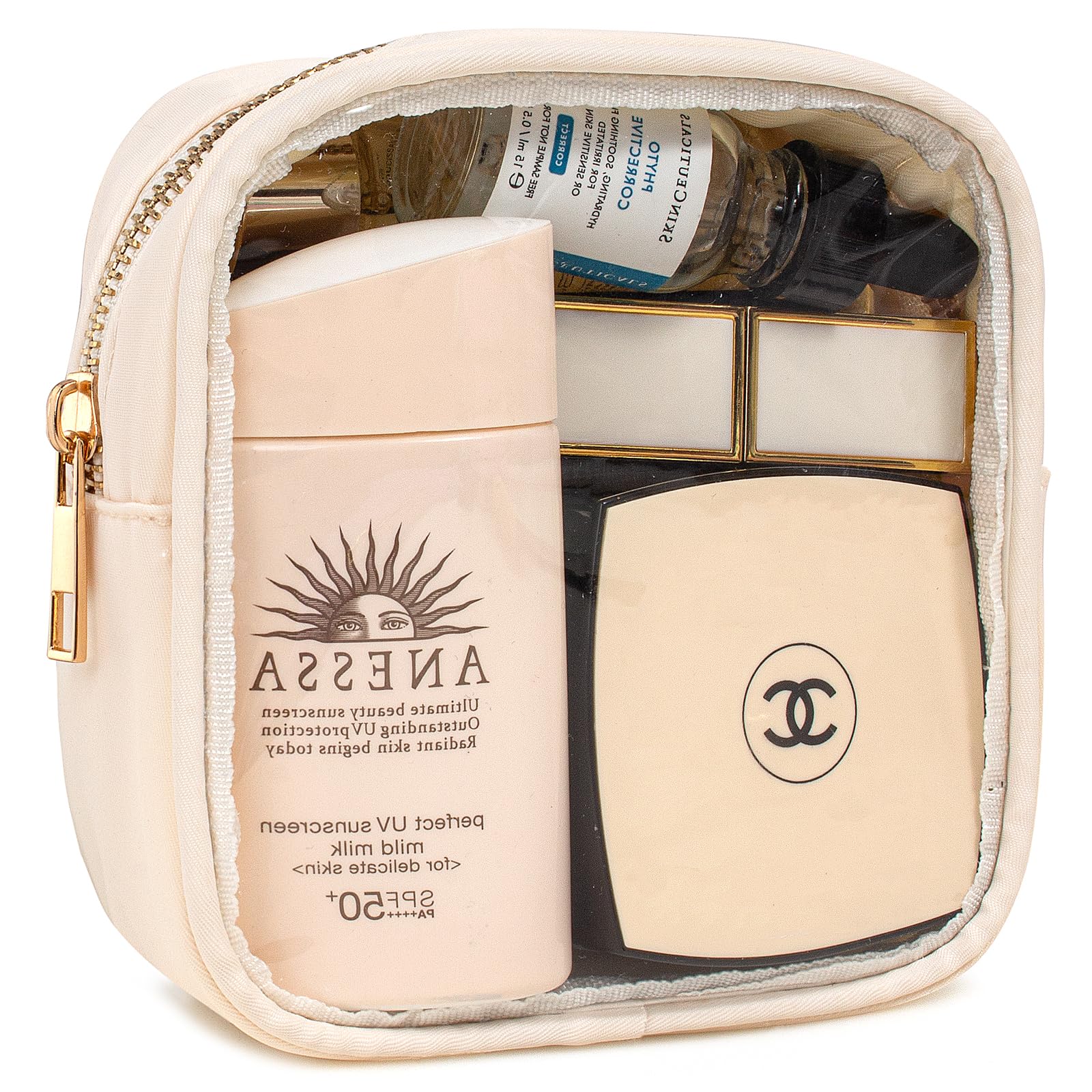 LETGO Small Clear Makeup Bag - Travel Size Cosmetic & Toiletry Organizer for Women | Cute Purse Accessories, Coin Pouch & Car Storage Essentials | Perfect for Travel, Gym & Daily Use (Clear-Beige)