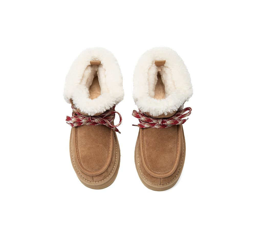 UGG EVERAU® Women's Sheepskin Wool Lace-Up Ankle Boots with Platform - Cozy Winter Fashion for Casual Outings & Outdoor Activities