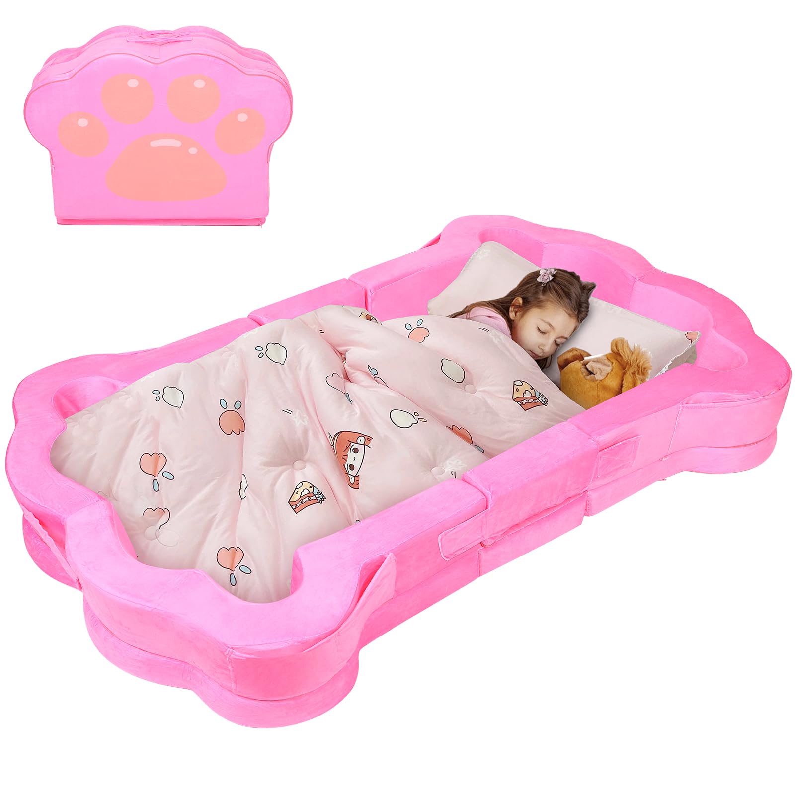 Portable Foldable Toddler Travel Bed for Kids 1-5 Years - Soft, Safe & Lightweight Floor Bed for Home, Camping & Sleepovers (Pink) - Perfect for Indoor, Outdoor & Travel Use