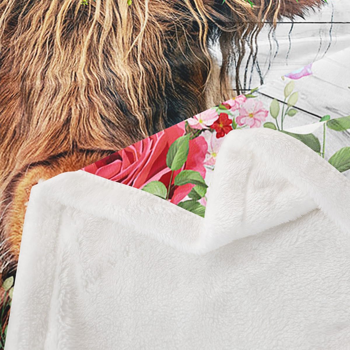 Feelyou Highland Cow Sherpa Blanket - Soft Plush Fleece Throw Blanket 50x60 Inches for Kids, Boys & Girls - Rose Highland Cattle Design for Sofa, Bed & Couch - Cozy Botanical Floral Fuzzy Blanket for Winter Nights & Home Decor