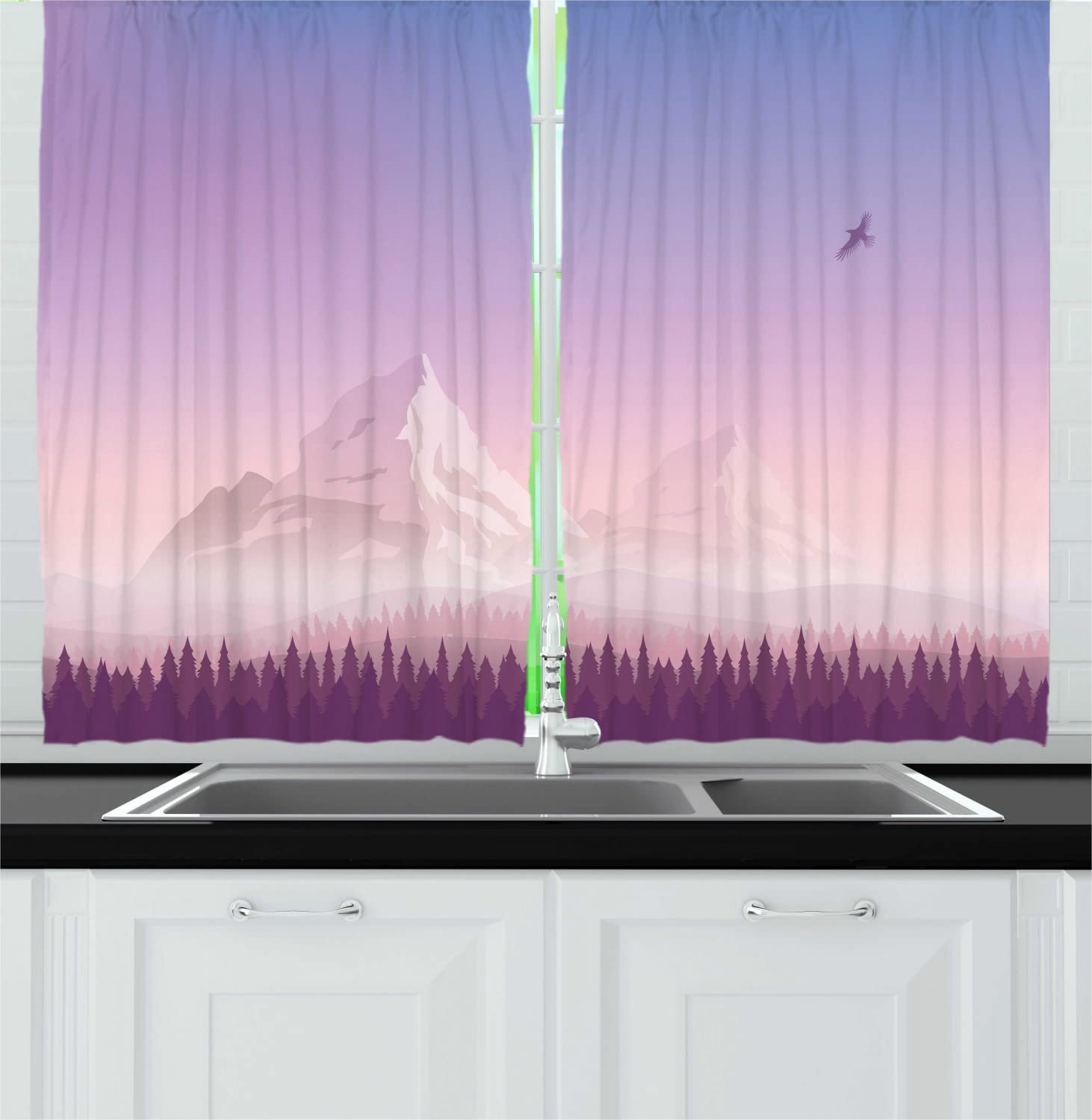 Ambesonne Landscape Long Kitchen Curtains - Abstract Snowy Mountain Eagle Sunset Design, 55