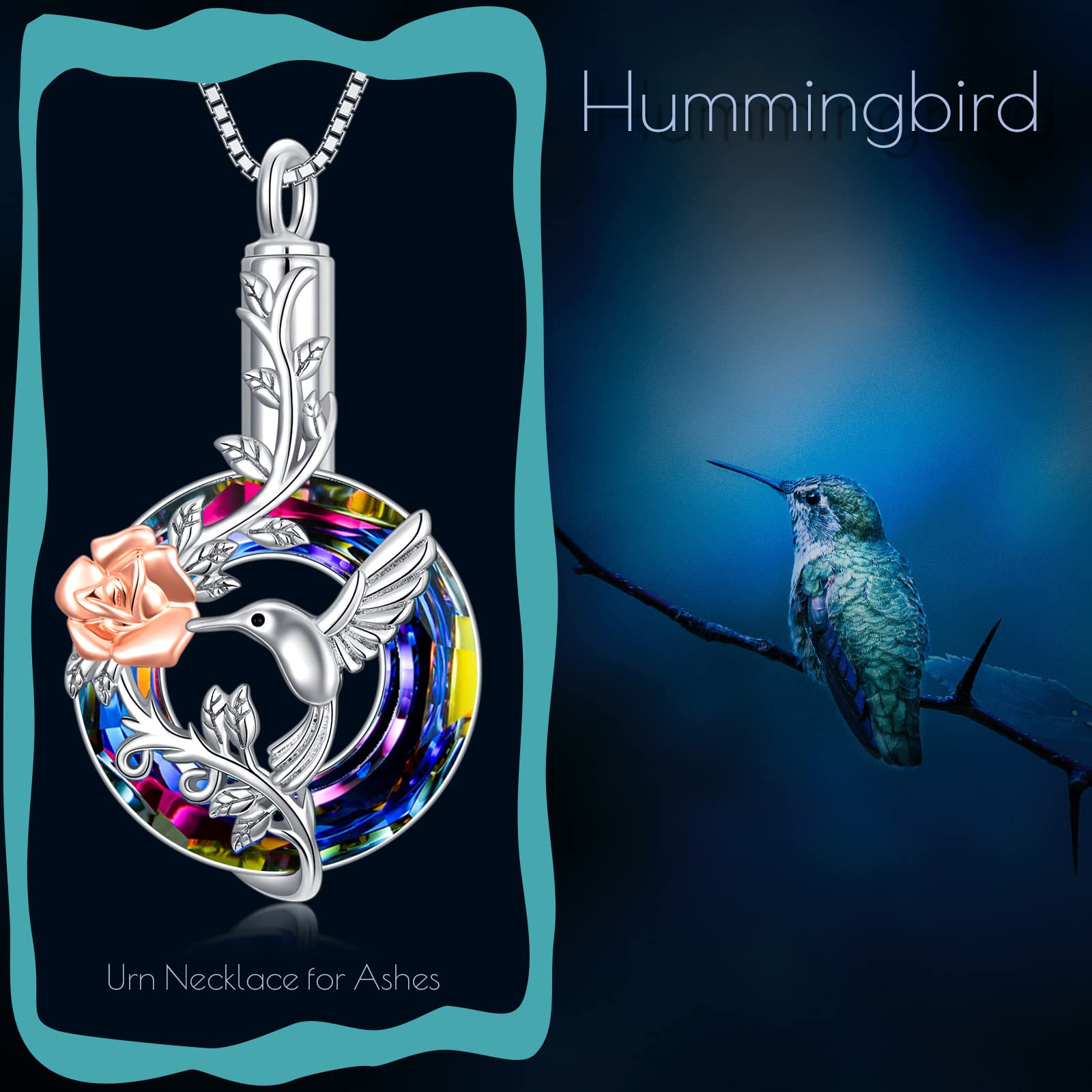 Sterling Silver Hummingbird Cremation Urn Necklace with Crystal - Memorial Jewelry for Ashes, Keepsake Pendant with Funnel Filler - Perfect Gift for Women & Girls to Honor Loved Ones (Funeral, Remembrance, Everyday Wear)