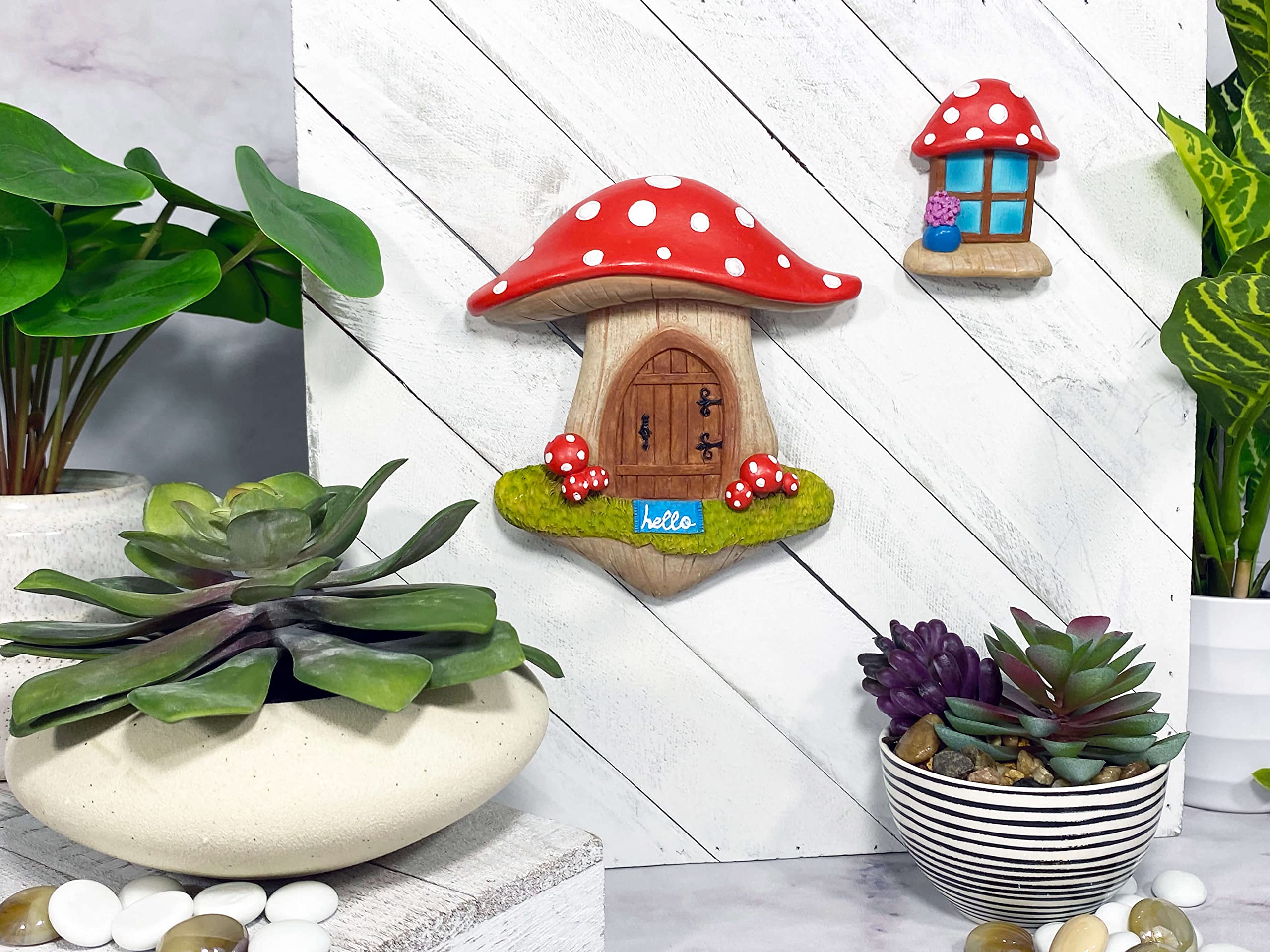 Enchanted Fairy Door and Window Set - Miniature Red Mushroom Fairy Garden Accessories for Fairy Houses, Gnomes & Mini Gardens | Perfect for DIY Fairy Gardens, Terrariums, and Whimsical Outdoor Decor