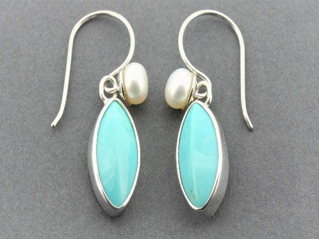 Elegant Almond-Shaped Turquoise & Freshwater Pearl Earrings in Sterling Silver – Perfect for Weddings, Parties & Special Occasions