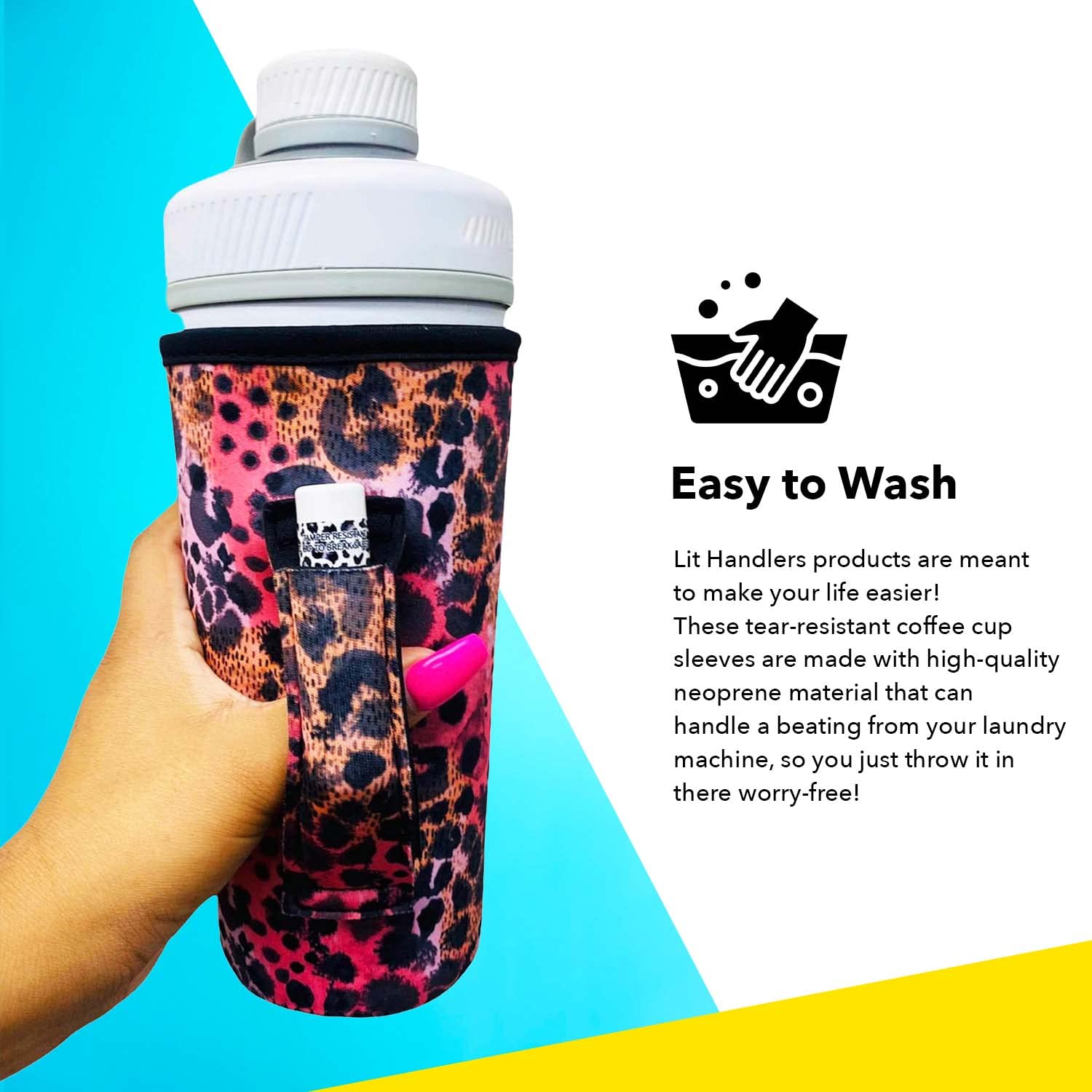 Lit Handlers Insulated Neoprene Tumbler Sleeve with Handle & Pocket - 30-38oz Leopard Print Cup Cover for Beer, Cans & Shaker Bottles - Water Resistant Drink Holder for Coffee, Travel & Gym Use