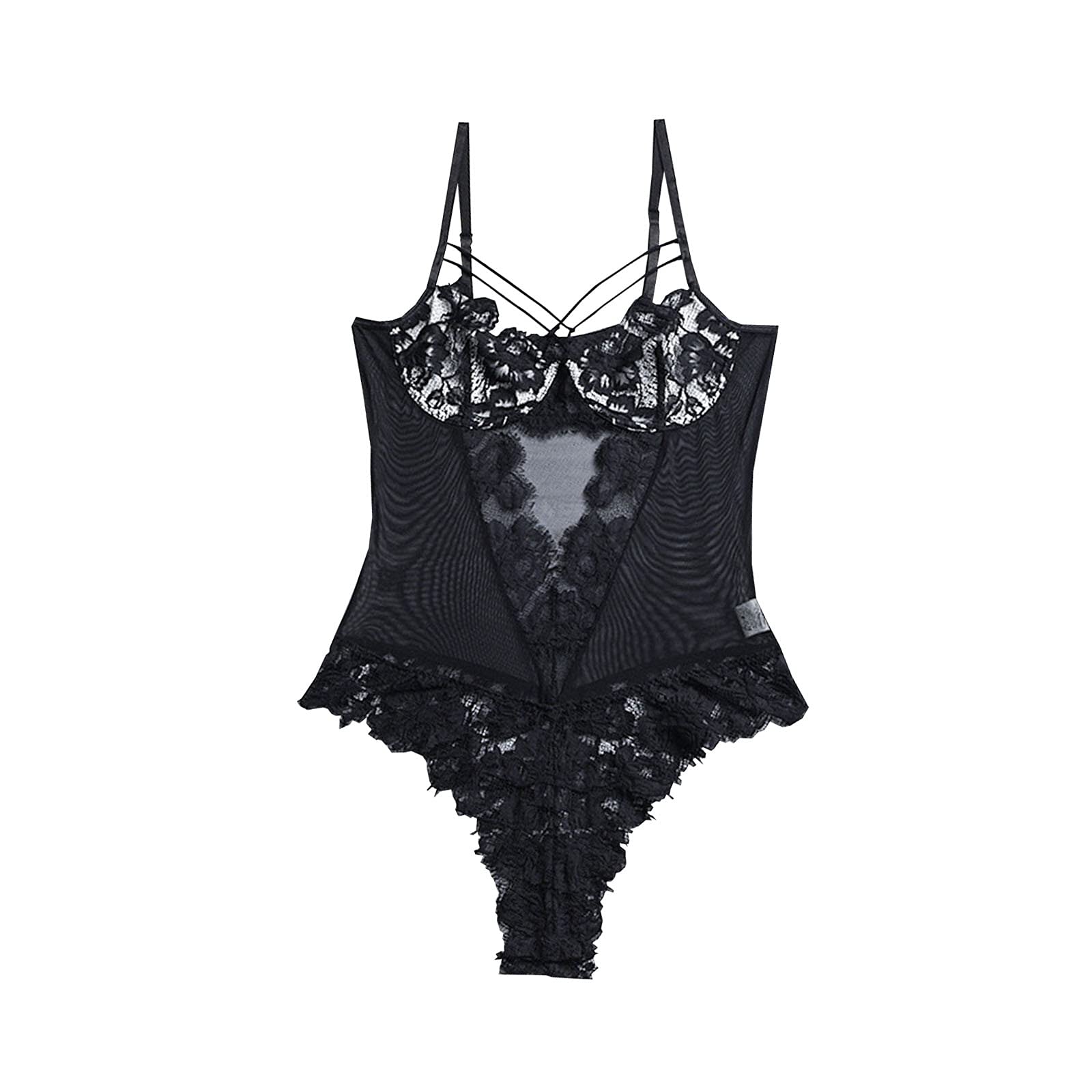 Sexy Lace Bodysuit for Women - Snap Crotch Lingerie Teddy with Ruffles | One Piece Jumpsuit for Date Night, Boudoir & Romantic Occasions
