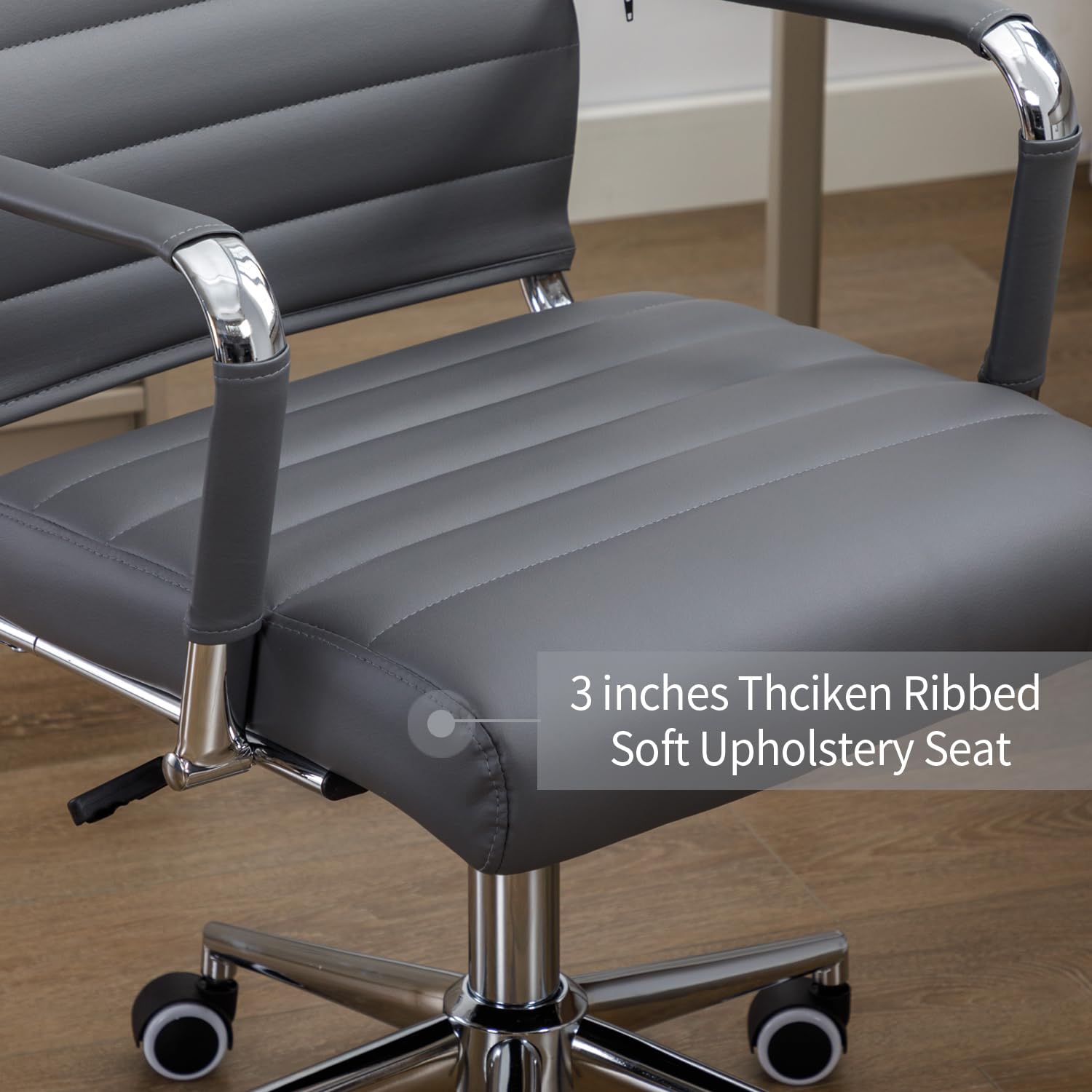 Ergonomic Leather Office Desk Chair with Wheels - Modern Executive Ribbed Computer Chair for Conference Room & Home Office (Grey) - Perfect for Long Work Hours & Professional Workspaces