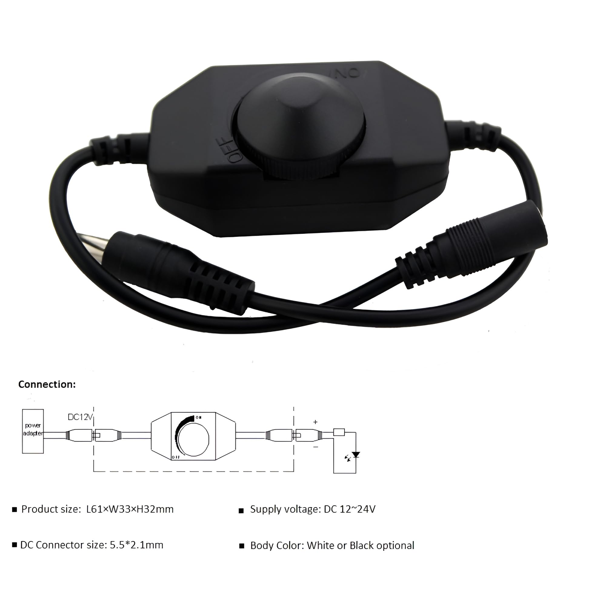 ABI Inline Mini Dial PWM Dimmer Switch 12-24V DC for LED Strip Lights, Tape, Rope & String - Black | Perfect for Home Lighting, DIY Projects & Decorative Accents