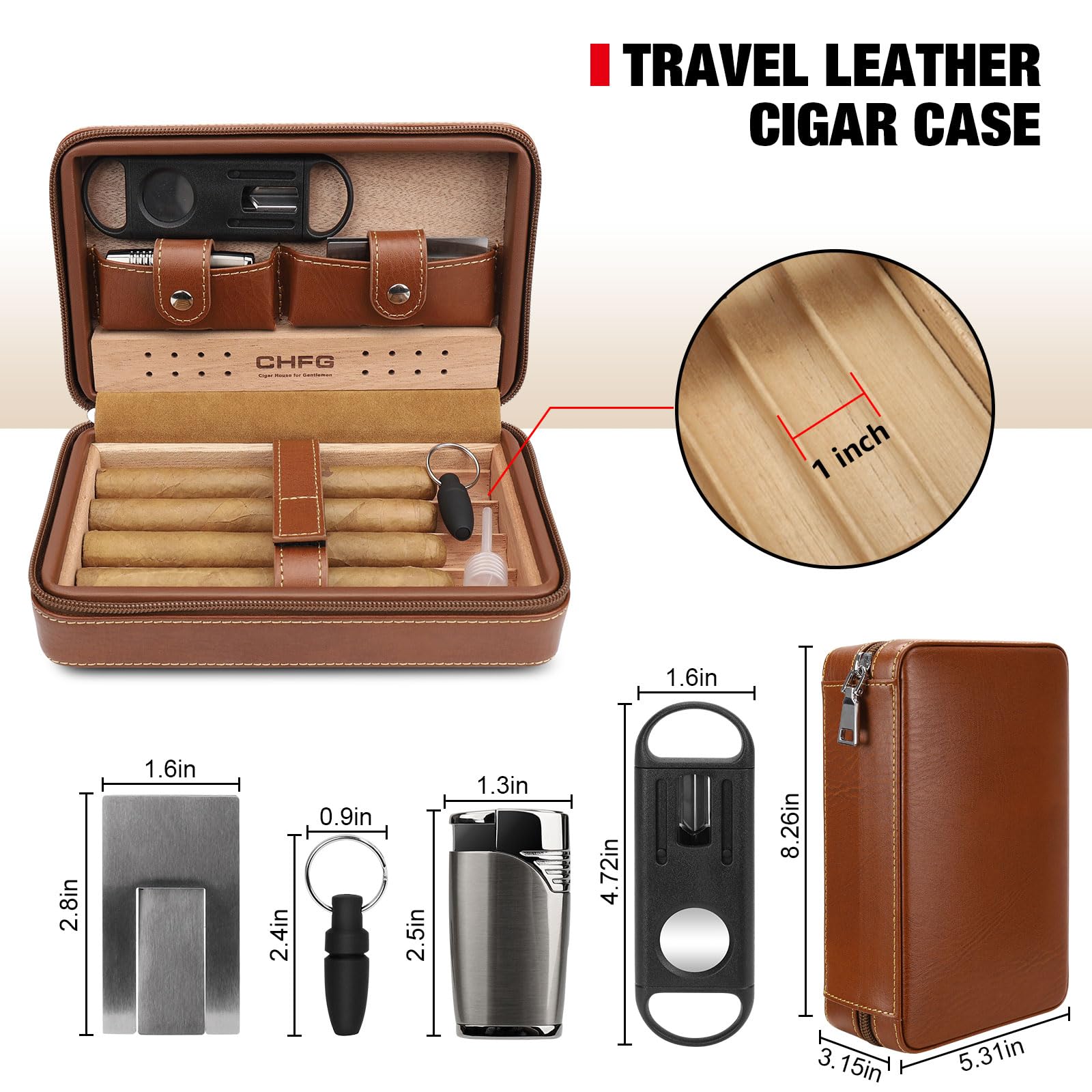 Premium Leather Cigar Case with Cedar Wood Lining - Travel Humidor for 4 Cigars, Includes Cigar Lighter Accessories Set - Perfect Gift for Men (Brown) | Portable Cigar Storage for Travel, Business & Outdoor Smoking