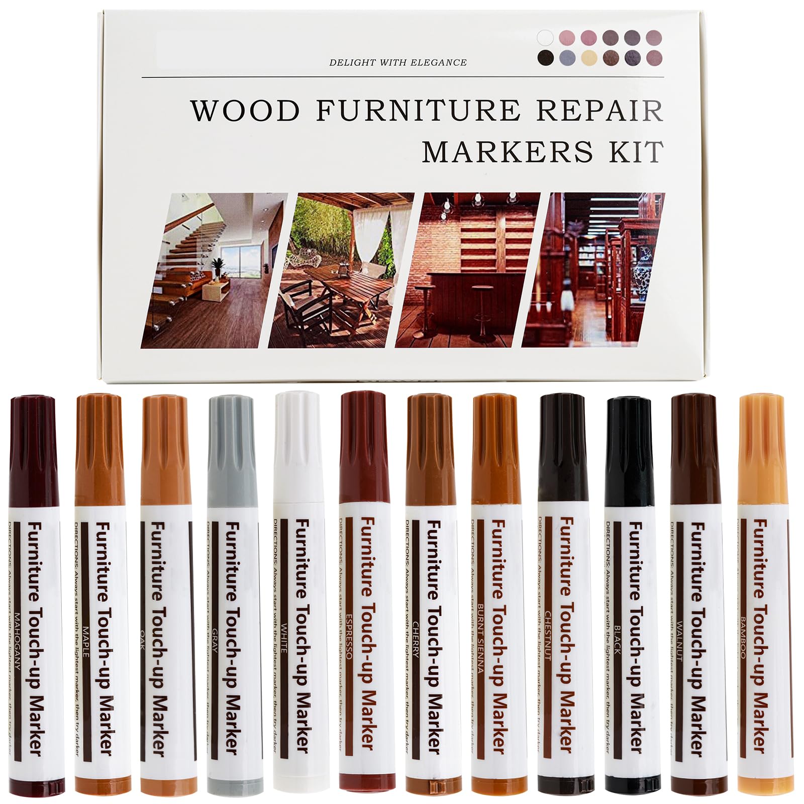 12 Colors Wood Scratch Repair Markers - Professional Furniture Touch Up Pens for Stains & Scratches on Wood Floors, Tables, Bedposts - Perfect for Home Improvement & DIY Wood Restoration Projects