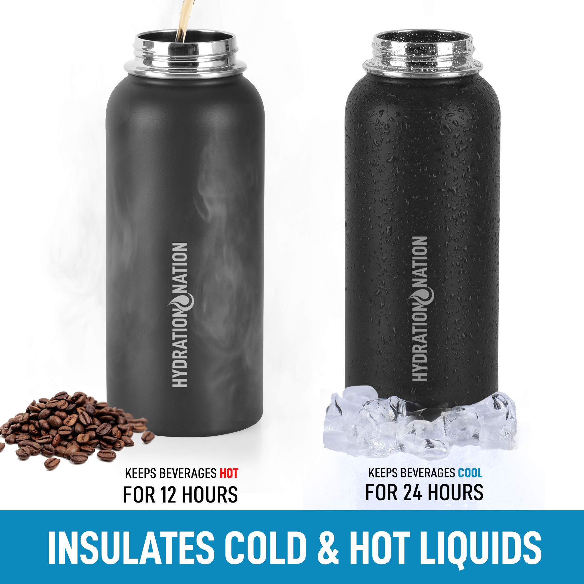 Hydration Nation 3 Lid Multi-Size Vacuum Insulated Stainless Steel Water Bottle with Straw - 20oz/32oz Metal Water Bottle for Gym, Hiking & Outdoor Activities - Keeps Drinks Hot & Cold for 24 Hours - Perfect for Sports, Travel & Office Use (Black)
