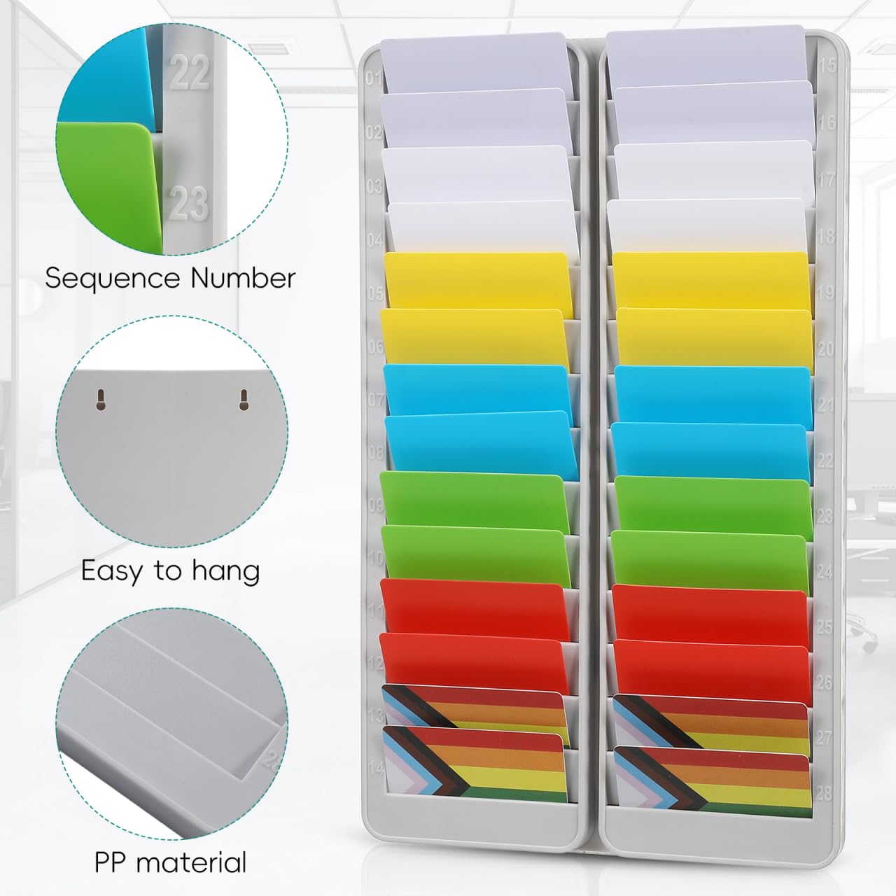 Vertical Wall-Mounted Business Card Holder & Badge Organizer - Material Card Rack with Time Clock Slot for Office, Retail & Attendance Management - Durable Pyramid Design for ID Cards, Time Cards & Business Cards Storage
