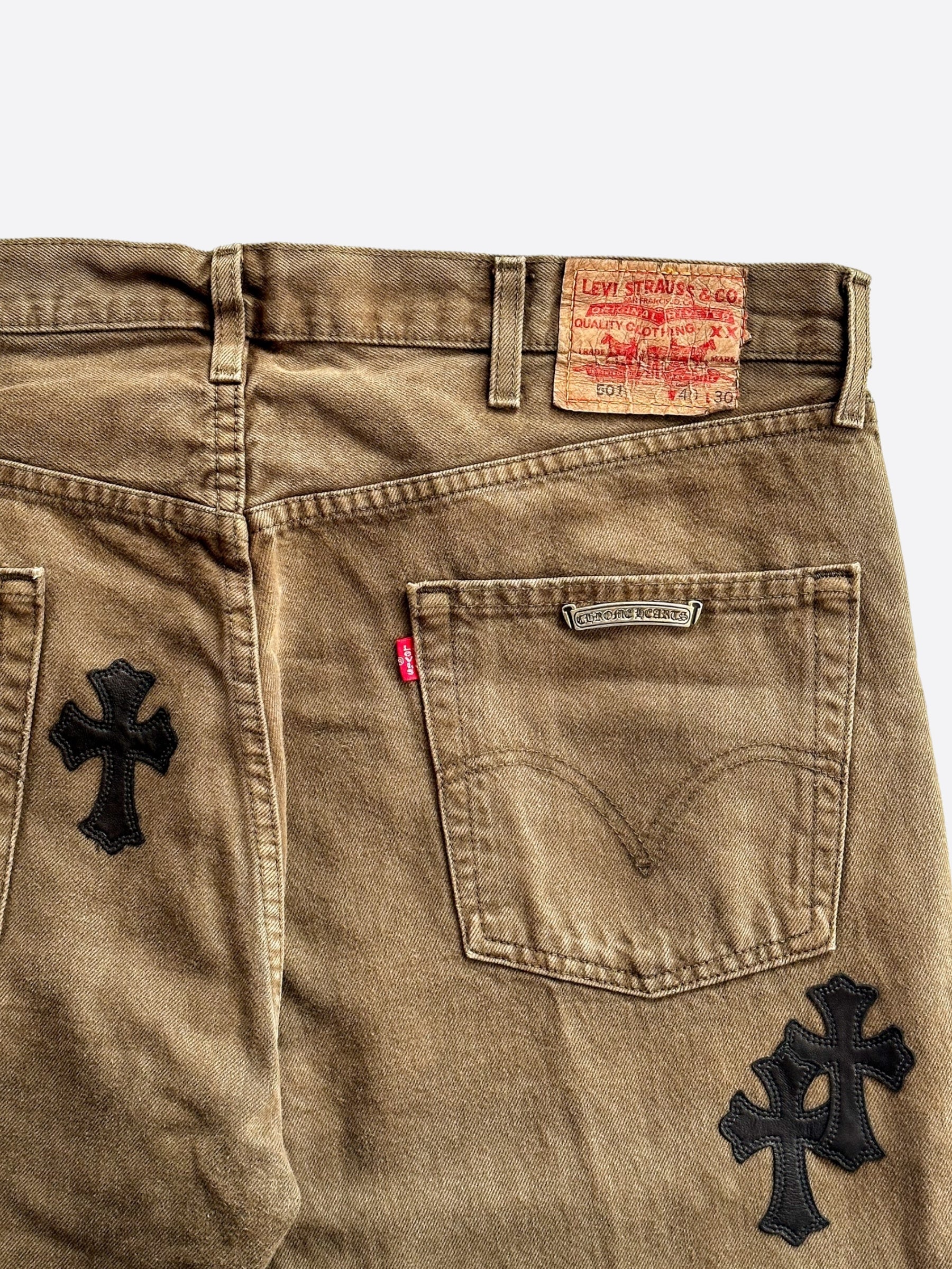 Chrome Hearts x Levi's Khaki Black Cross Patch Denim Jeans for Men - Stylish Vintage Streetwear for Casual Outfits & Night Out