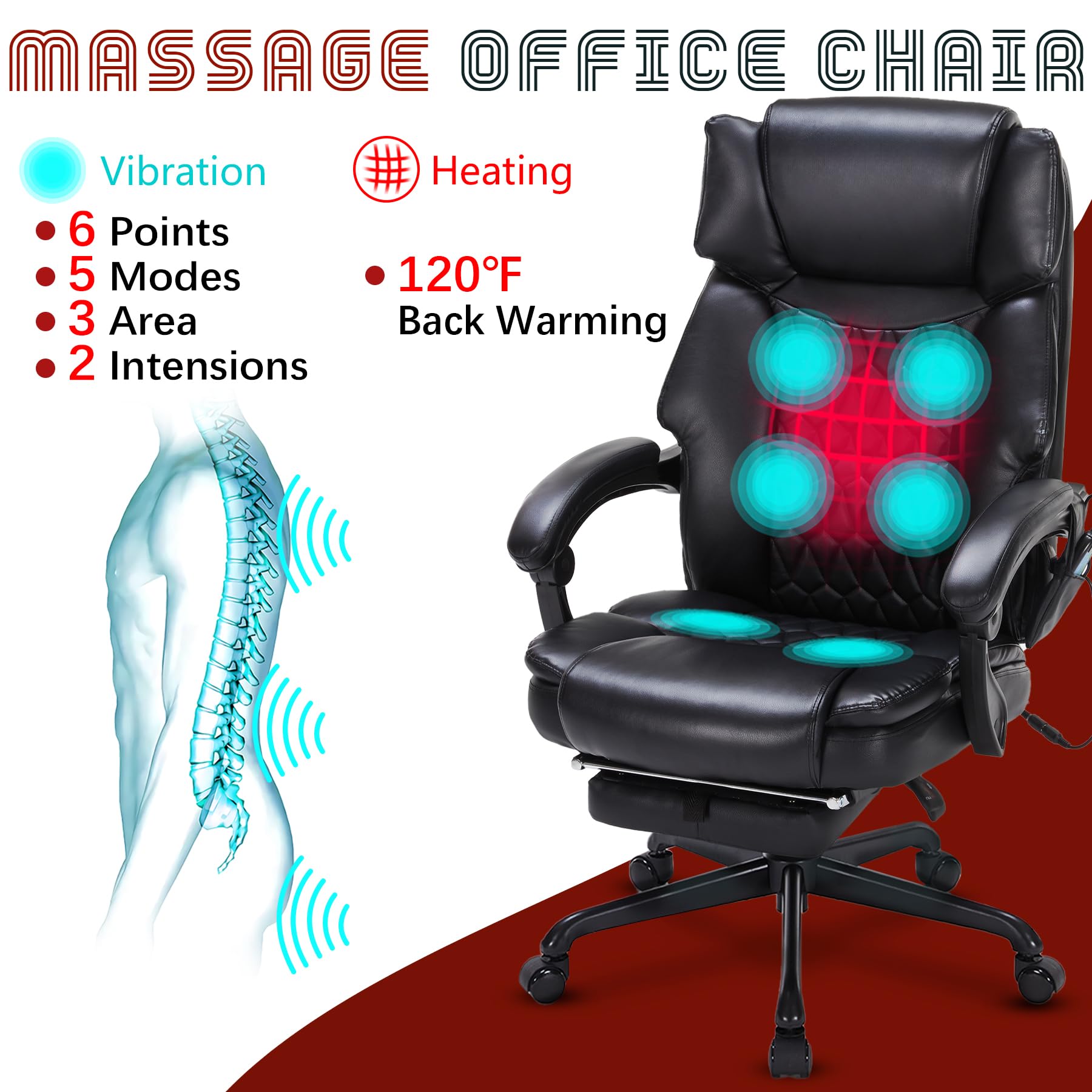 Ergonomic Massage Office Chair with Foot Rest - 6-Point Vibration & Heating - Heavy Duty 400lbs Capacity - Reclining Executive Desk Chair for Home & Office (Black) - Perfect for Long Work Hours, Back Pain Relief & Relaxation