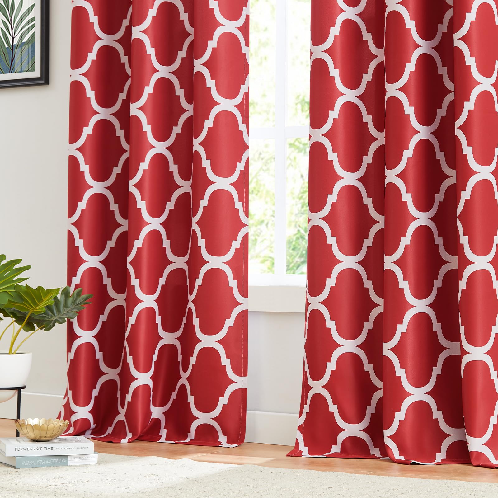 Melodieux Set of 2 Moroccan Style Geometric Lattice Tier Curtains - 29x36 Inch, Red | Rod Pocket Design for Kitchen, Cafe & Bathroom Small Windows | Perfect for Boho Home Decor & Privacy
