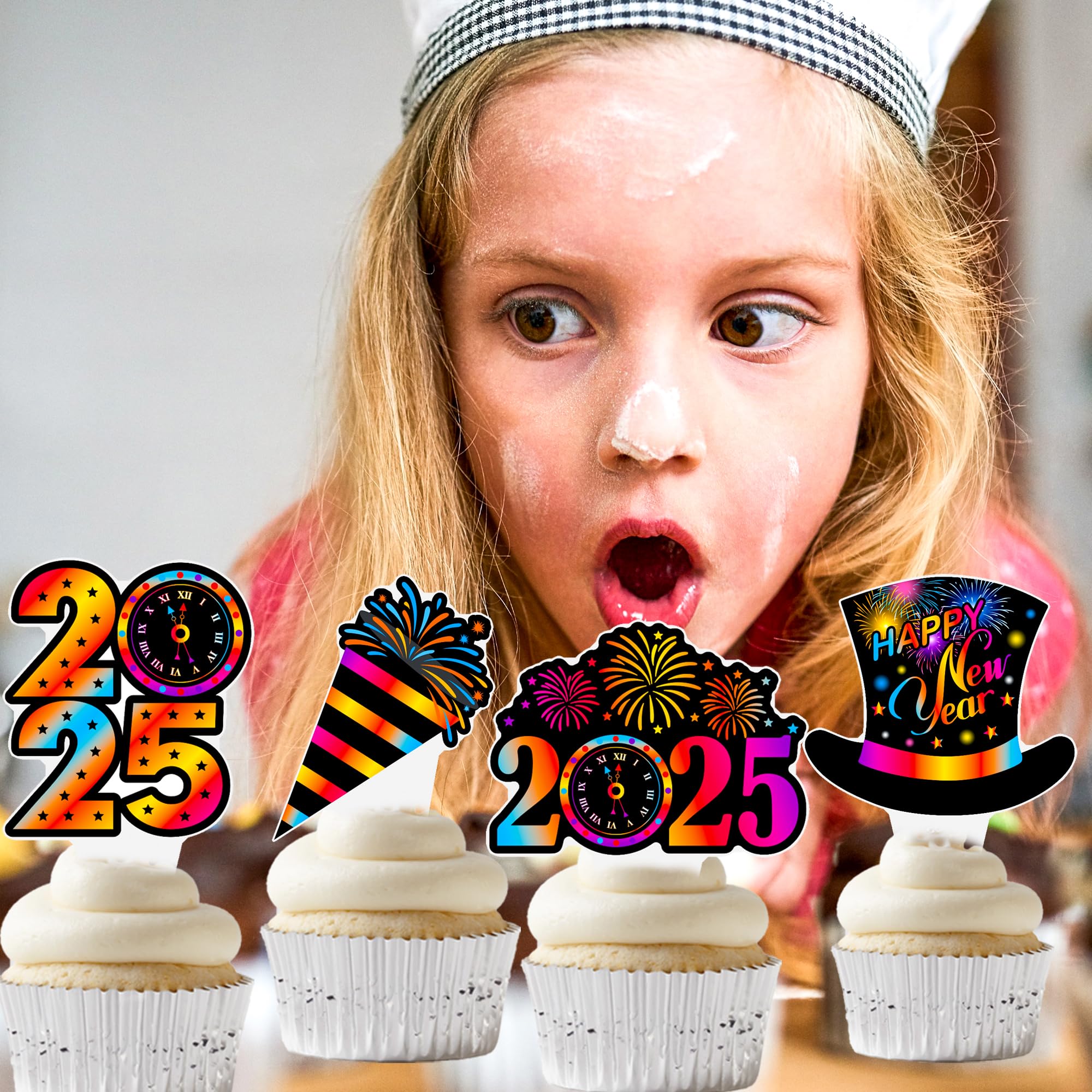 48pcs 2025 Happy New Year Cupcake Toppers - Colorful Cheers to 2025 Cupcake Picks for New Year's Eve Party, Holiday & Birthday Celebrations - Perfect for Welcome 2025 Theme Parties, Office Events & Family Gatherings