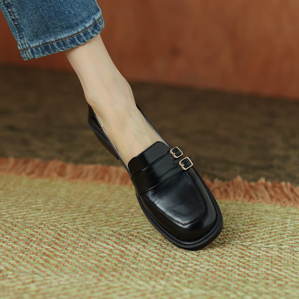 Women's Classic Buckle Slip-On Penny Loafers - Genuine Leather Square Toe Oxford Shoes for Business & Dress | Comfortable Work Flats for Office, Commuting & Professional Occasions