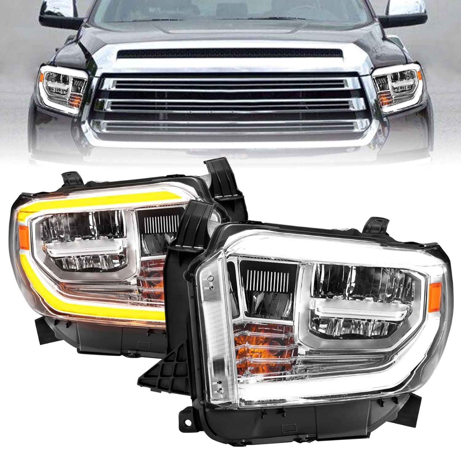 Toyota Tundra 2014-2021 LED Crystal Headlights - Switchback Plank Style Chrome (High/Low Beam) - Direct Replacement for OEM Halogen Models with LED DRL - Upgrade Your Truck's Lighting for Night Driving & Off-Road Adventures