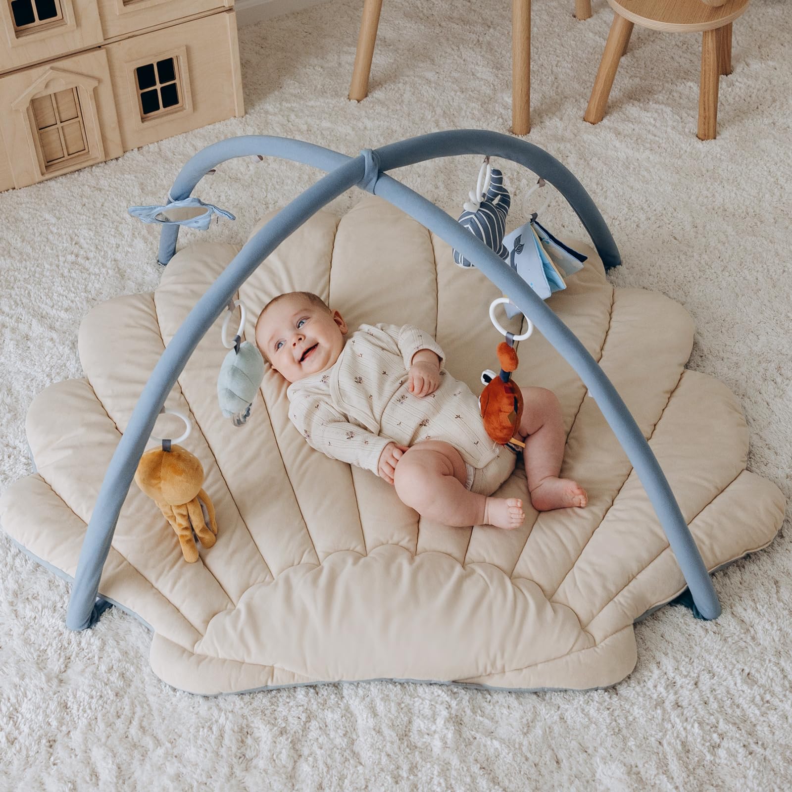 Blissful Diary Shell Baby Play Gym Mat - Extra Soft & Large Tummy Time Activity Mat with 6 Detachable Toys for Sensory & Motor Skill Development | Newborn Essentials Gift | Boho Ocean Theme | Perfect for Nursery Playtime & Baby Shower Gifts