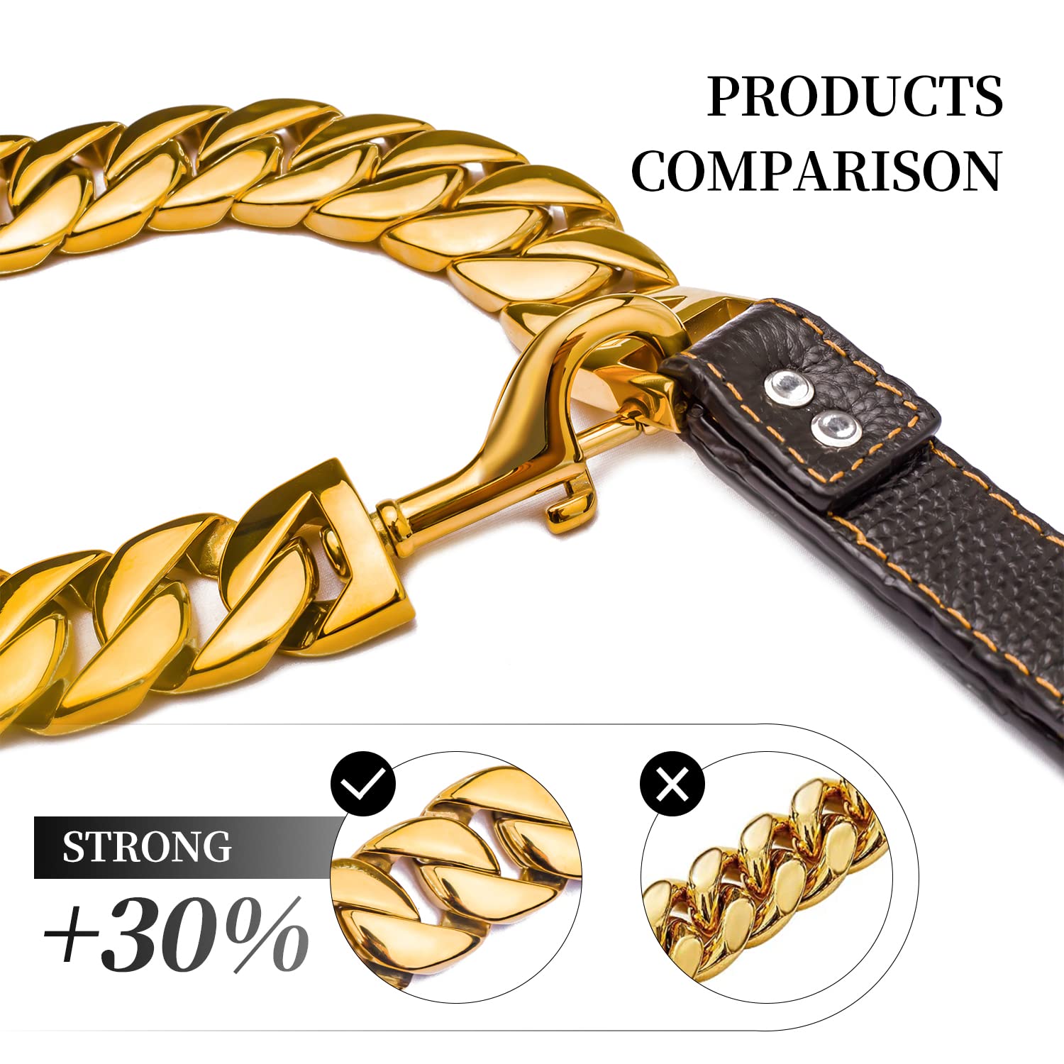 **Heavy Duty Chew Proof Dog Leash for Large Dogs – 32MM Thick Stainless Steel Chain with Leather Padded Handle (Gold, 3FT) – Ideal for Training, Walking & Aggressive Chewers**