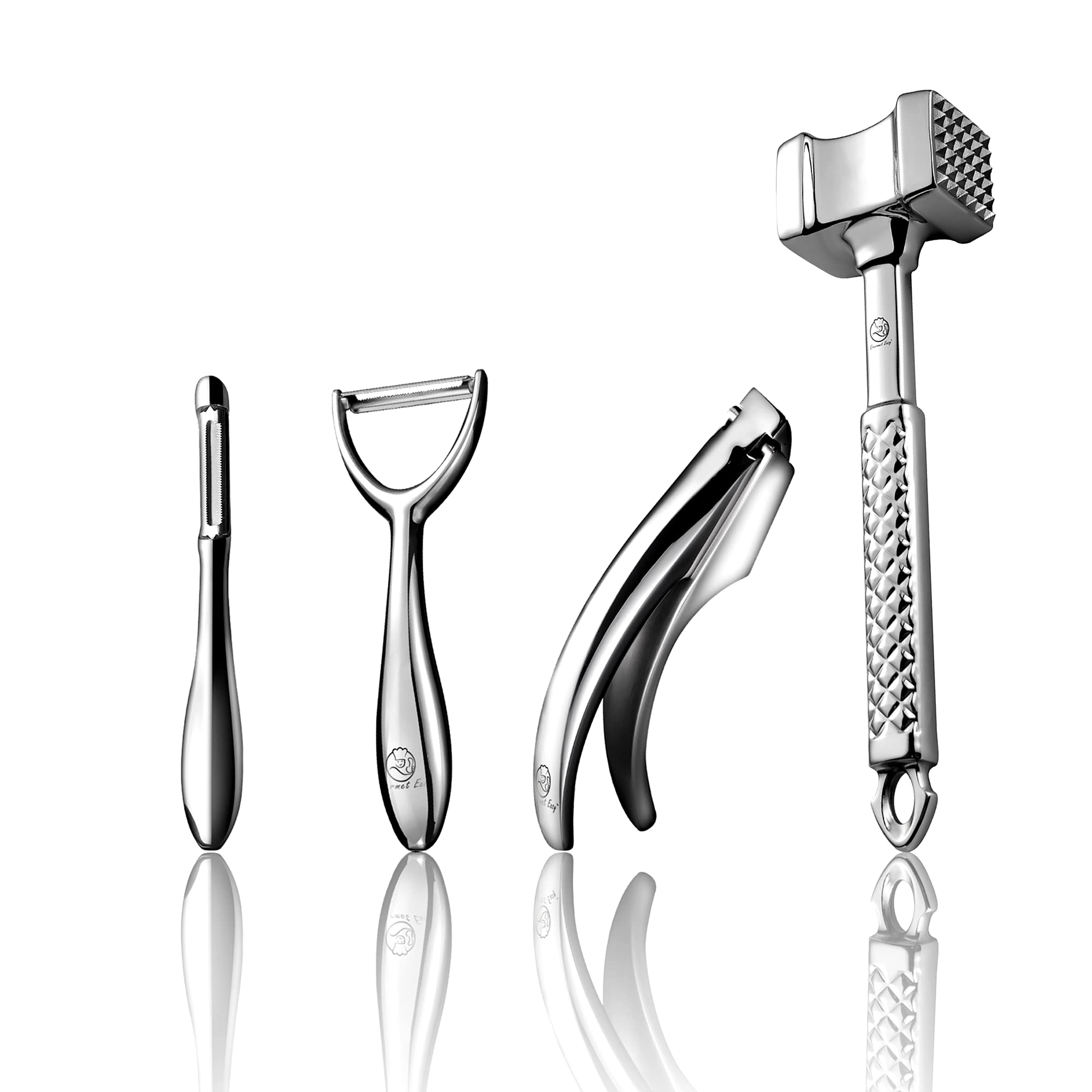 Premium Kitchen Peeler Set - Stainless Steel I Peeler & Y Peeler with Garlic Press and Meat Tenderizer Hammer | 5-Year Warranty | Perfect for Peeling Fruits, Vegetables & Meal Prep