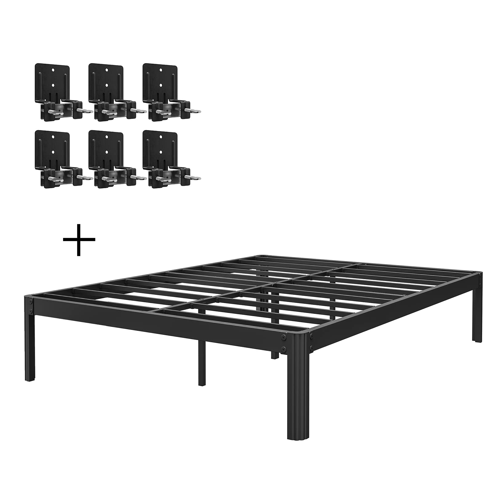 Heavy Duty 4500Lbs Queen Bed Frame with 6 Non-Slip Mattress Pads - 14 Inch Black Metal Platform Bed with Underbed Storage, Noise-Free Foundation (No Box Spring Needed) - Perfect for Master Bedrooms, Guest Rooms & Small Spaces