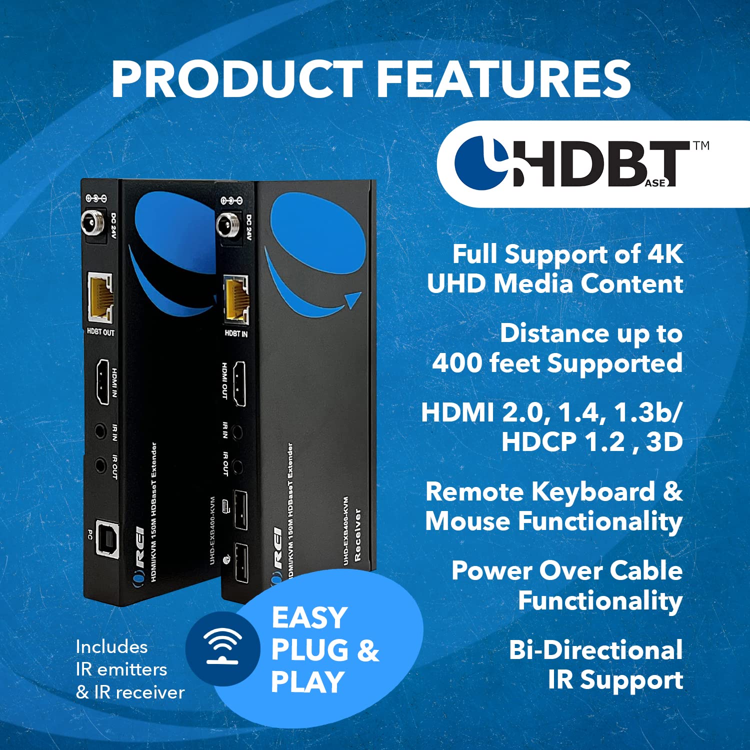 OREI 4K@60Hz KVM HDMI Extender Over Ethernet with PoC | Single HDBaseT CAT5e/CAT6A/CAT7 Cable | Up to 400 Feet 4:4:4 | Remote, Keyboard, Mouse & USB Control | Perfect for Home Theater, Gaming & Office Setup