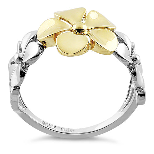 14K Yellow Gold & Sterling Silver Triple Plumeria Ring for Women - Hawaiian Flower Jewelry for Beach Weddings, Vacations & Tropical Parties