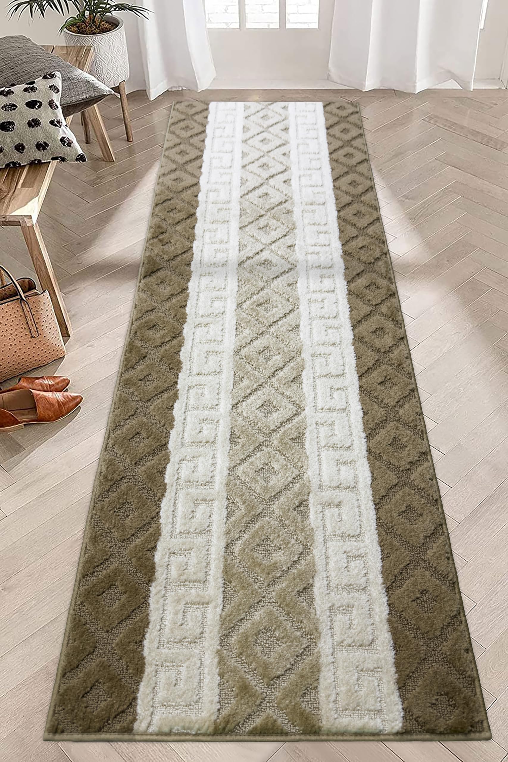Non-Slip Greek Key Runner Rug - 26x10 Feet Washable Hallway Carpet with Rubber Backing | Perfect for Entryway, Kitchen, Bathroom & Bedroom | Durable & Customizable Length for Home Decor