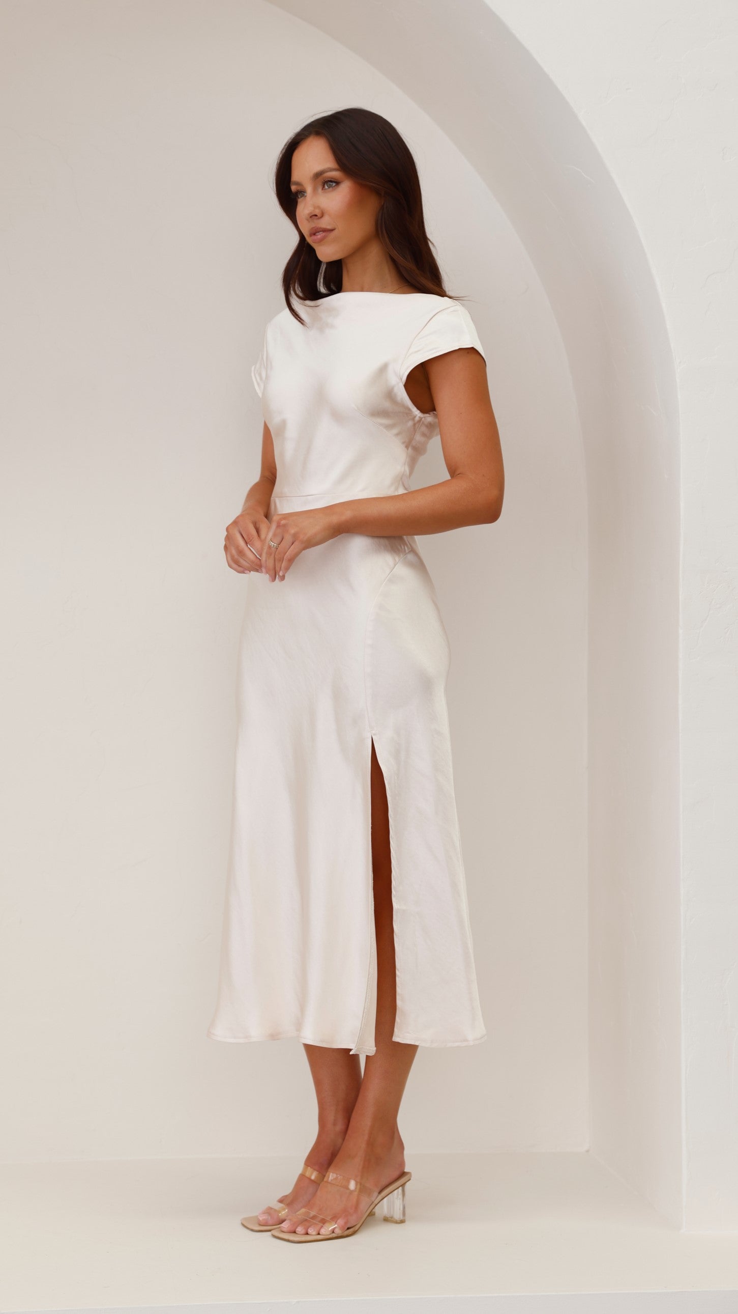Elegant Ivana Midi Dress in Champagne - Perfect for Cocktail Parties, Weddings & Formal Events