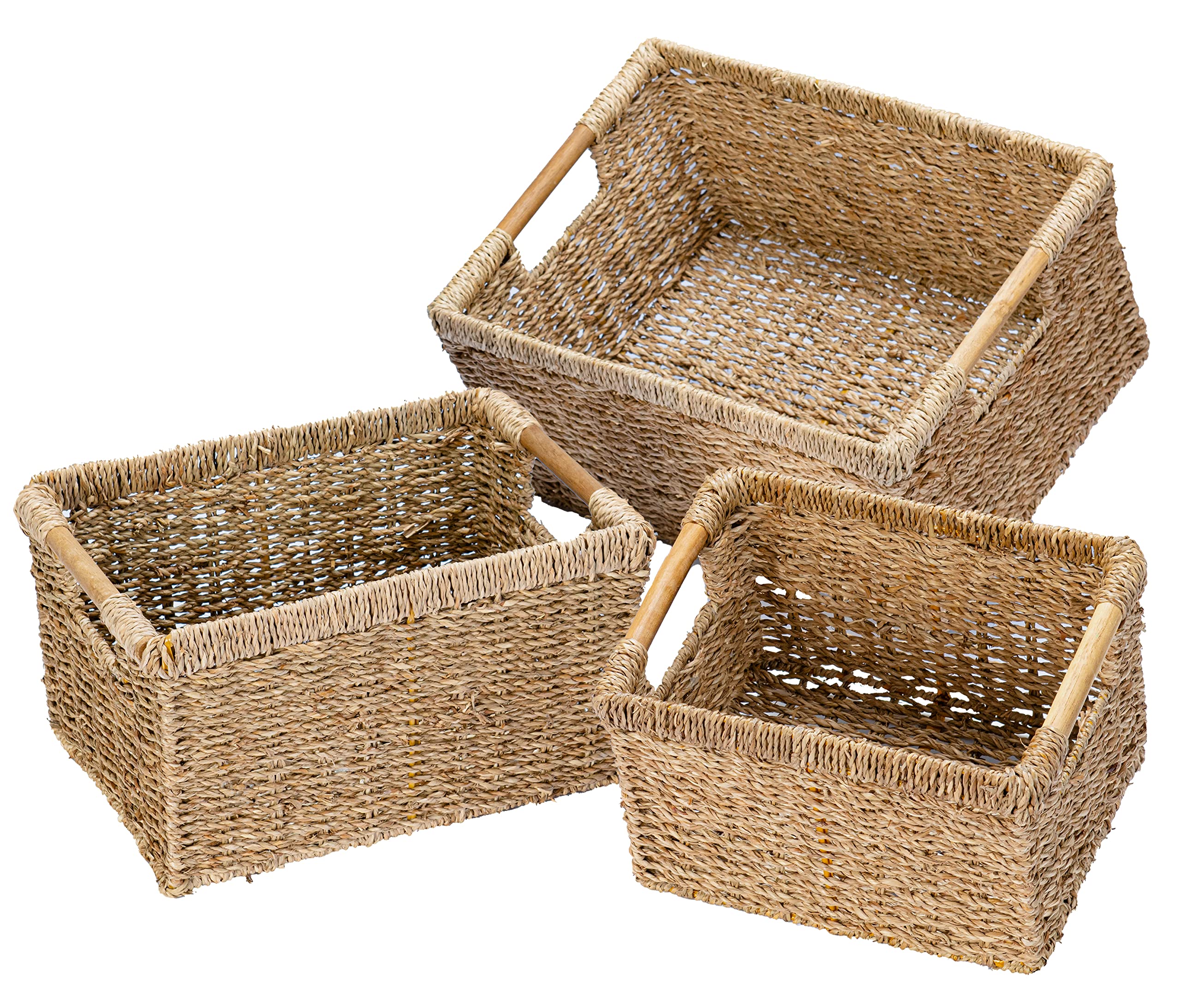 Natural Seagrass Storage Baskets with Wooden Handles - Rectangular Wicker Organizing Bins for Shelves, Home & Office - Perfect for Bedroom Closet, Bathroom Towels, Kids Toy Storage & Living Room Decor
