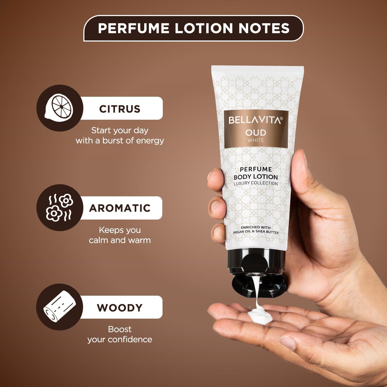 Bell'a Vit'a Luxury OUD WHITE Perfume Body Lotion - Nourishing & Hydrating with Argan Oil & Shea Butter (200ml) for Soft, Supple & Healthy Skin | Perfect for Daily Moisturizing, Gift Giving & Aromatherapy