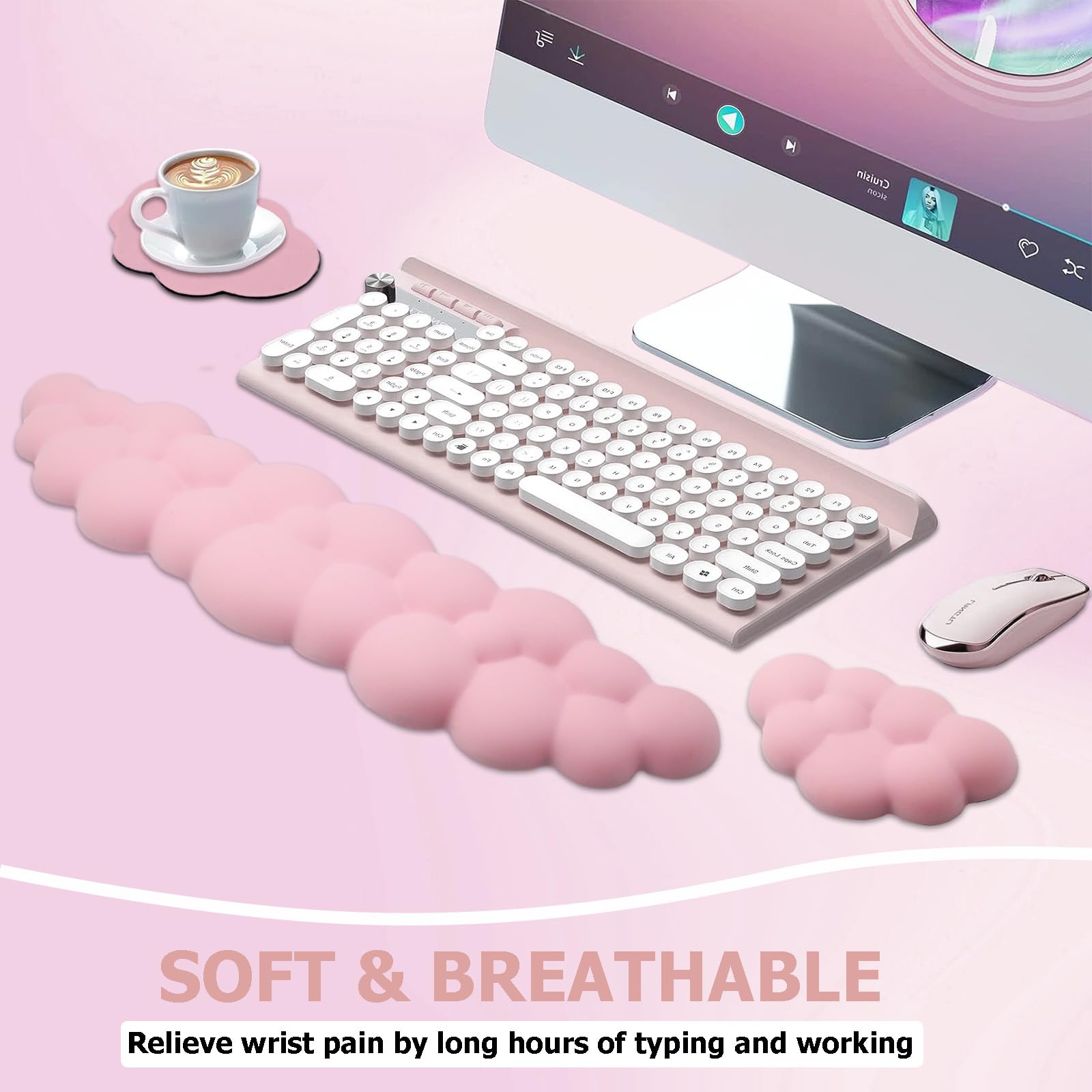 Ergonomic Keyboard Wrist Rest - PU Leather Memory Foam Cloud Pad for Pain Relief, Gaming, Office, Typing, Laptop & Computer Use, Pastel Pink for Comfort & Style