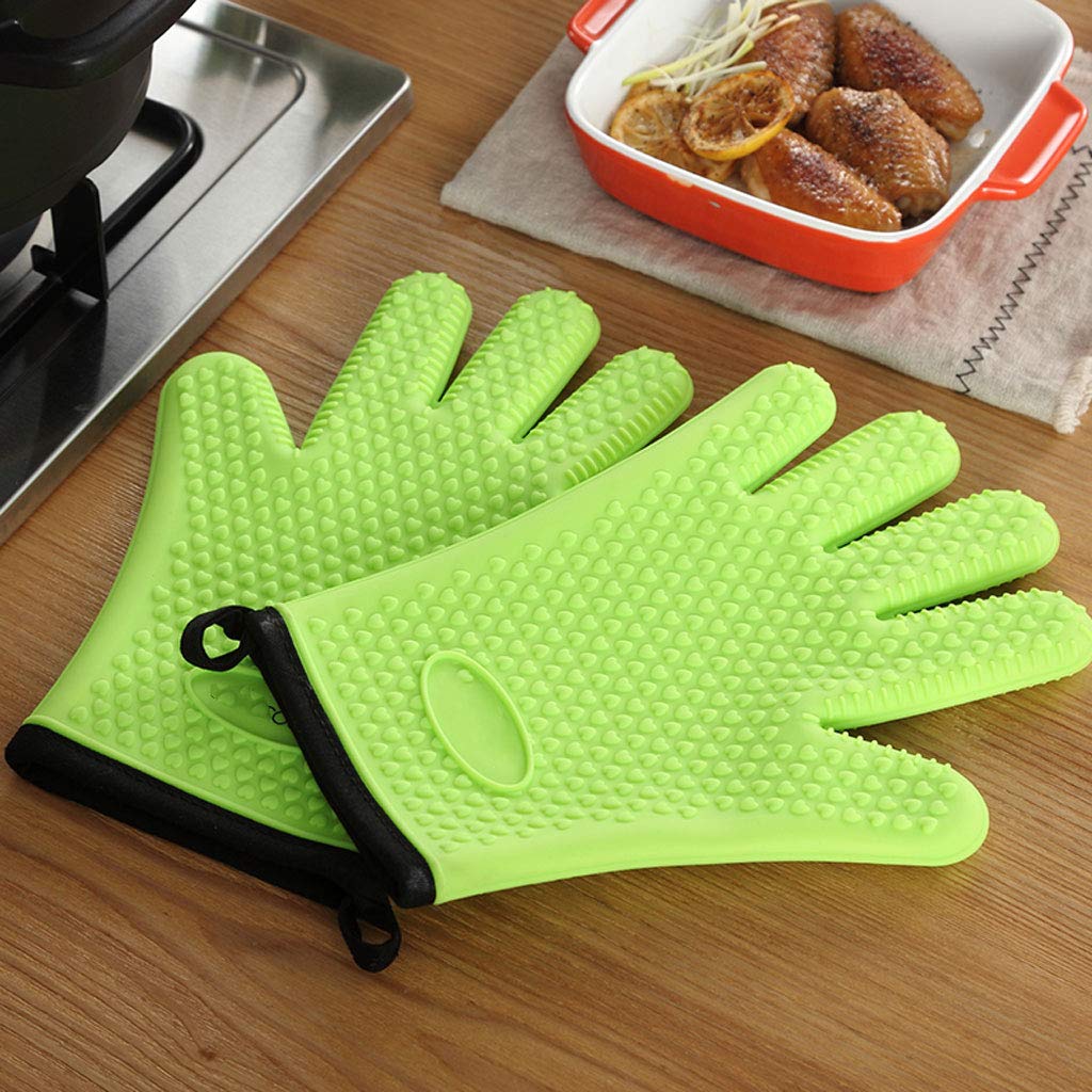 Heat-Resistant Silicone Oven Gloves with Cotton Insulation - 5-Finger Design for Microwave & Baking - Green - Perfect for Grilling, Cooking & Kitchen Safety