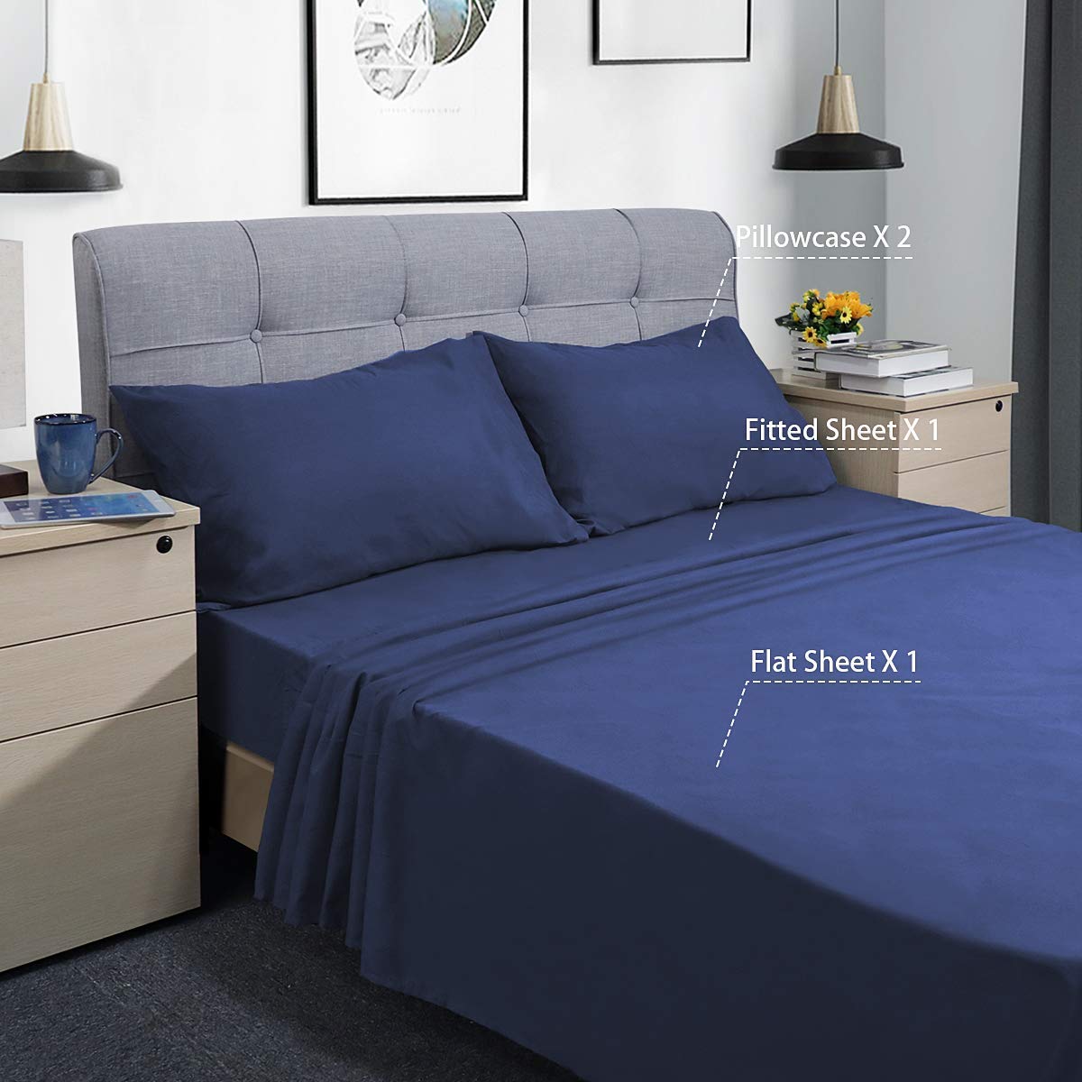 800 Thread Count 4-Piece Egyptian Cotton Bed Sheet Set - 100% Long Staple Soft Cotton, Navy Blue Queen Size, Deep Pocket Fits Mattress Up to 14