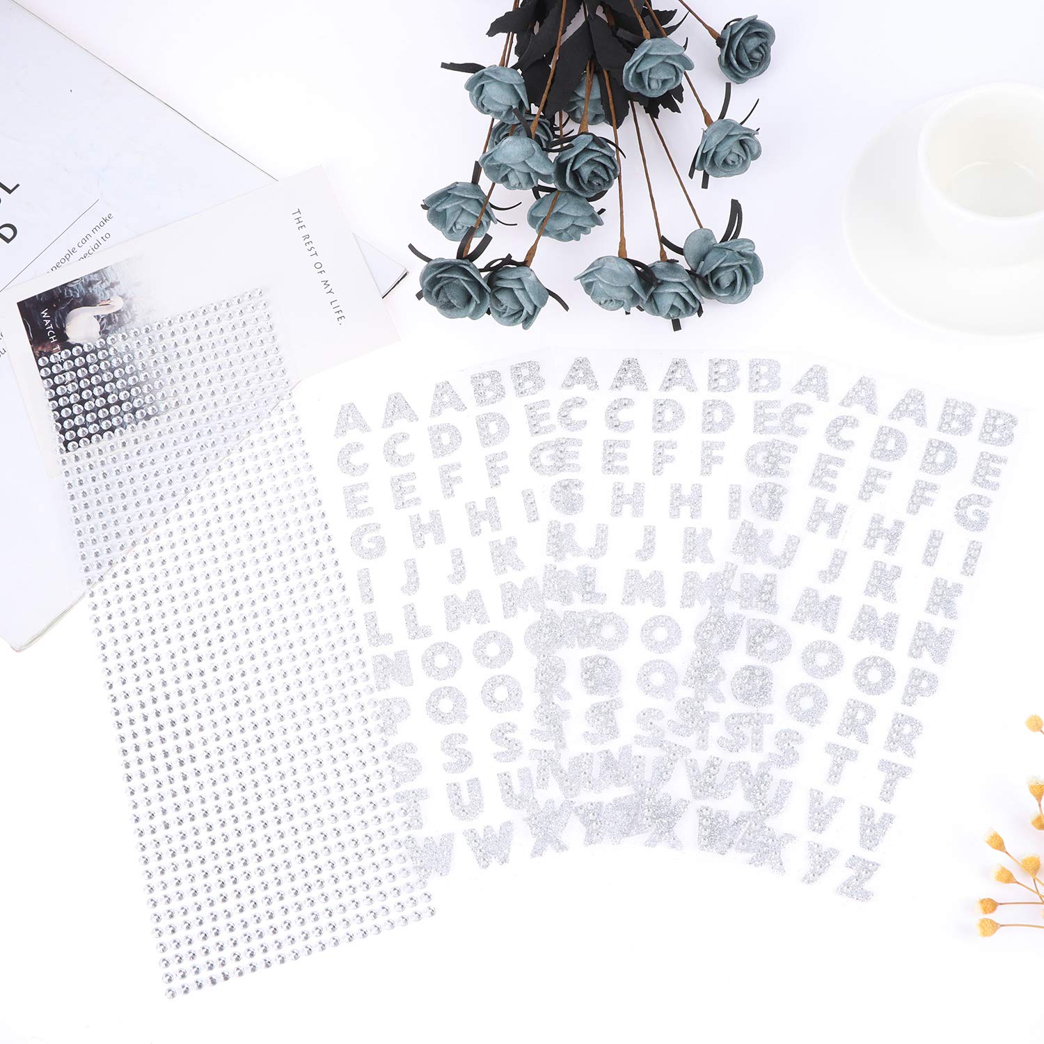 3 Sheets Glitter Alphabet Stickers + 1 Sheet Rhinestone Stickers - Self-Adhesive Silver Letter Stickers for DIY Crafts, Scrapbooking, Home Decor & Party Decoration - Perfect for Journals, Cards, Gifts and More