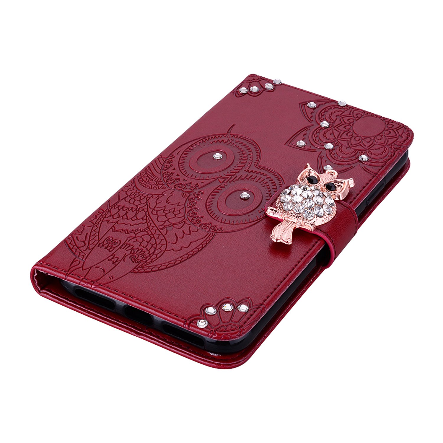 Samsung Galaxy A02S Case for Women - Glitter Bling Diamond PU Leather Wallet Flip Cover with Wrist Strap | Shockproof Protective Phone Case | Owl Red Design | Perfect for Daily Use, Work & Travel