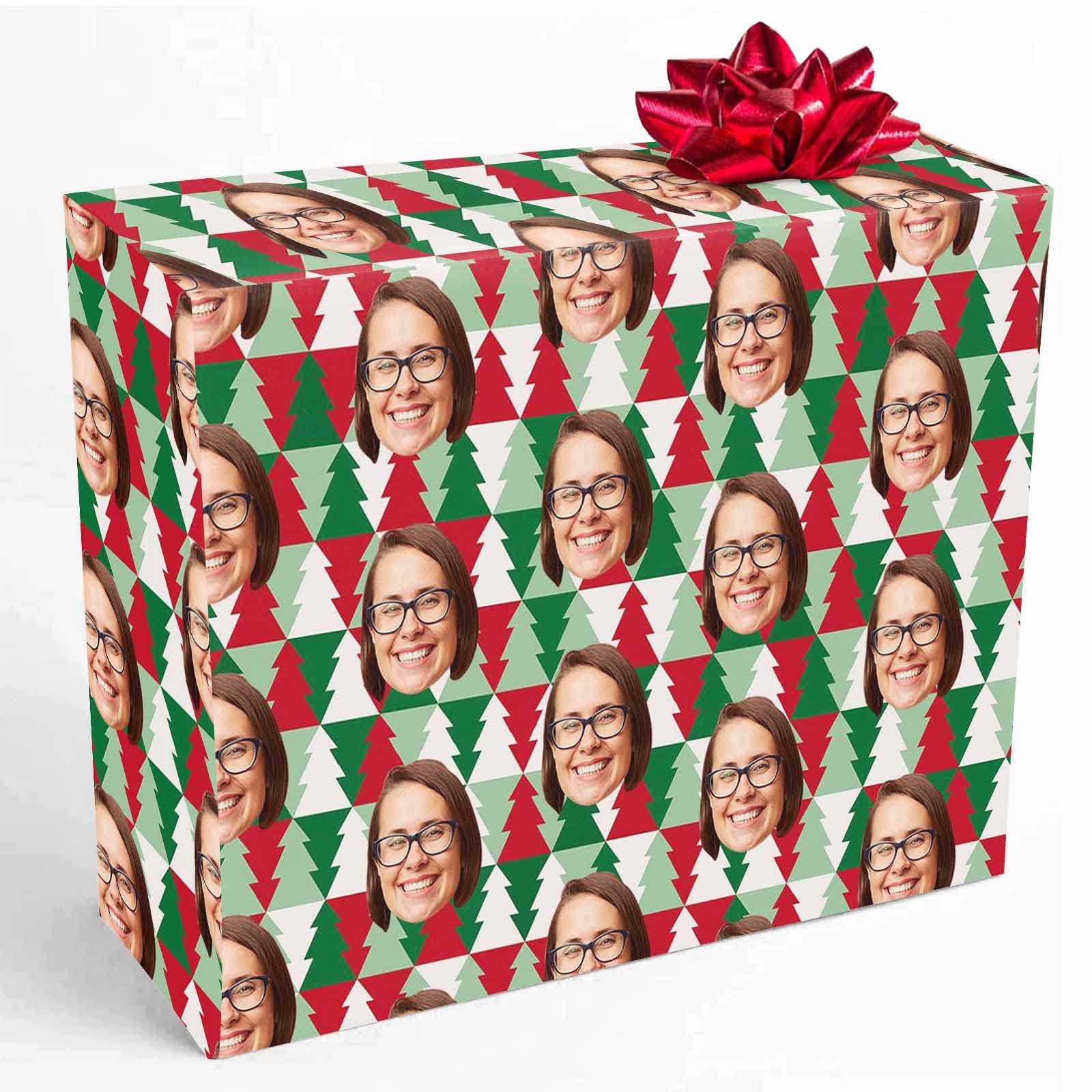 Custom Photo Gift Wrapping Paper - Personalized Christmas Tree Design with Red & Green Patterns | Funny Birthday & Holiday Wrap for Men & Women | 58x23 Inch 3-Roll Set | Perfect for Christmas Presents, Birthday Gifts & Party Decorations